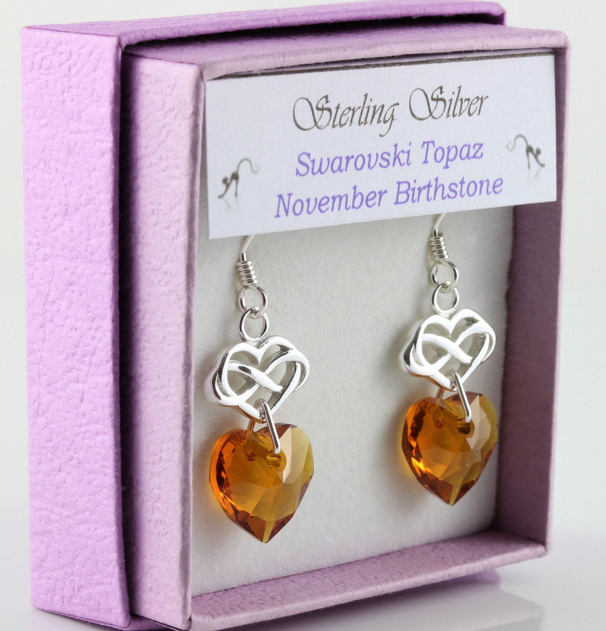 November Birthstone Sterling Silver & Swarovski Topaz Crystal Infinity Heart Earrings