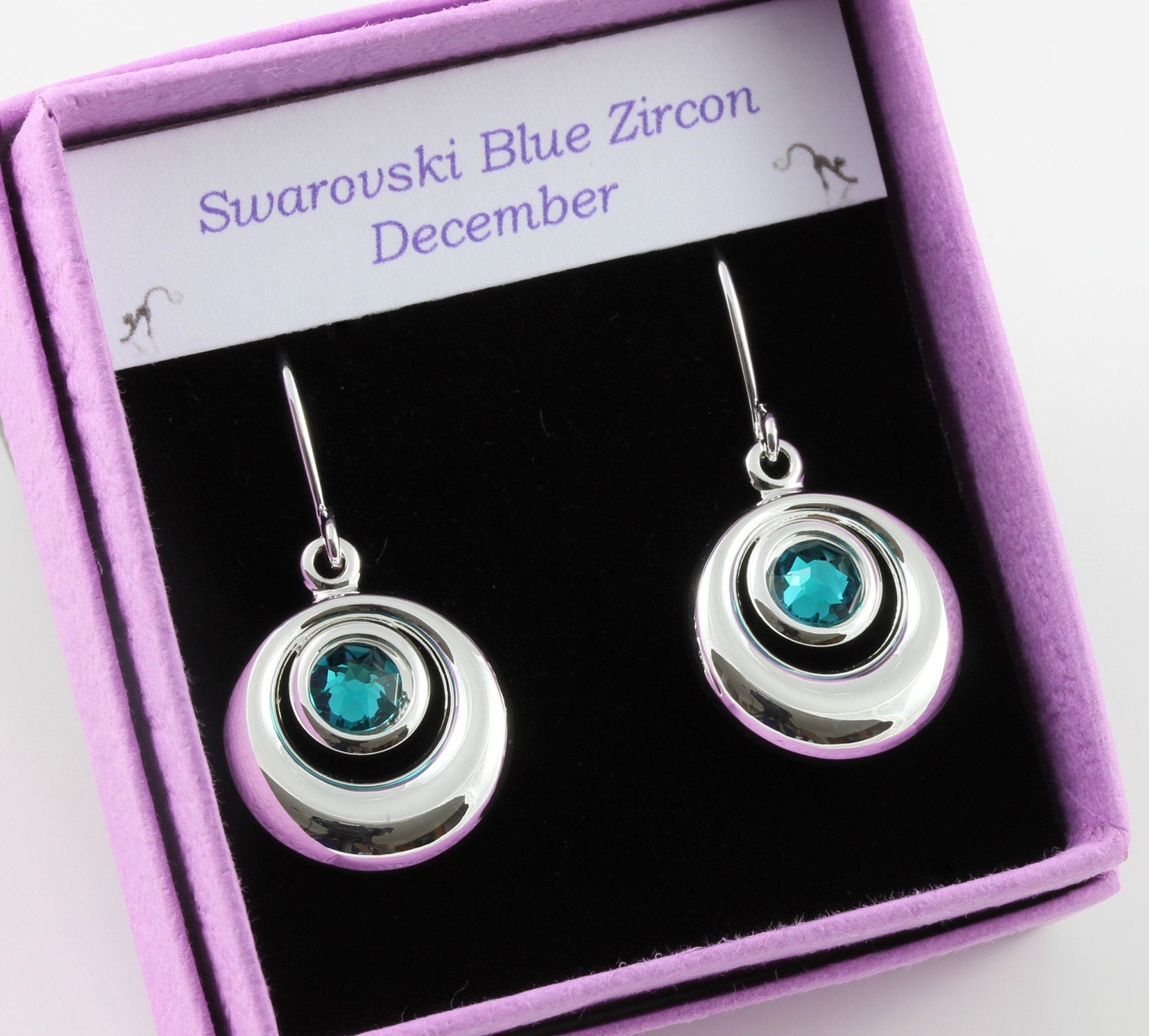 December Birthstone Swarovski Blue Zircon Crystal Circular Cabochon Drop Earrings