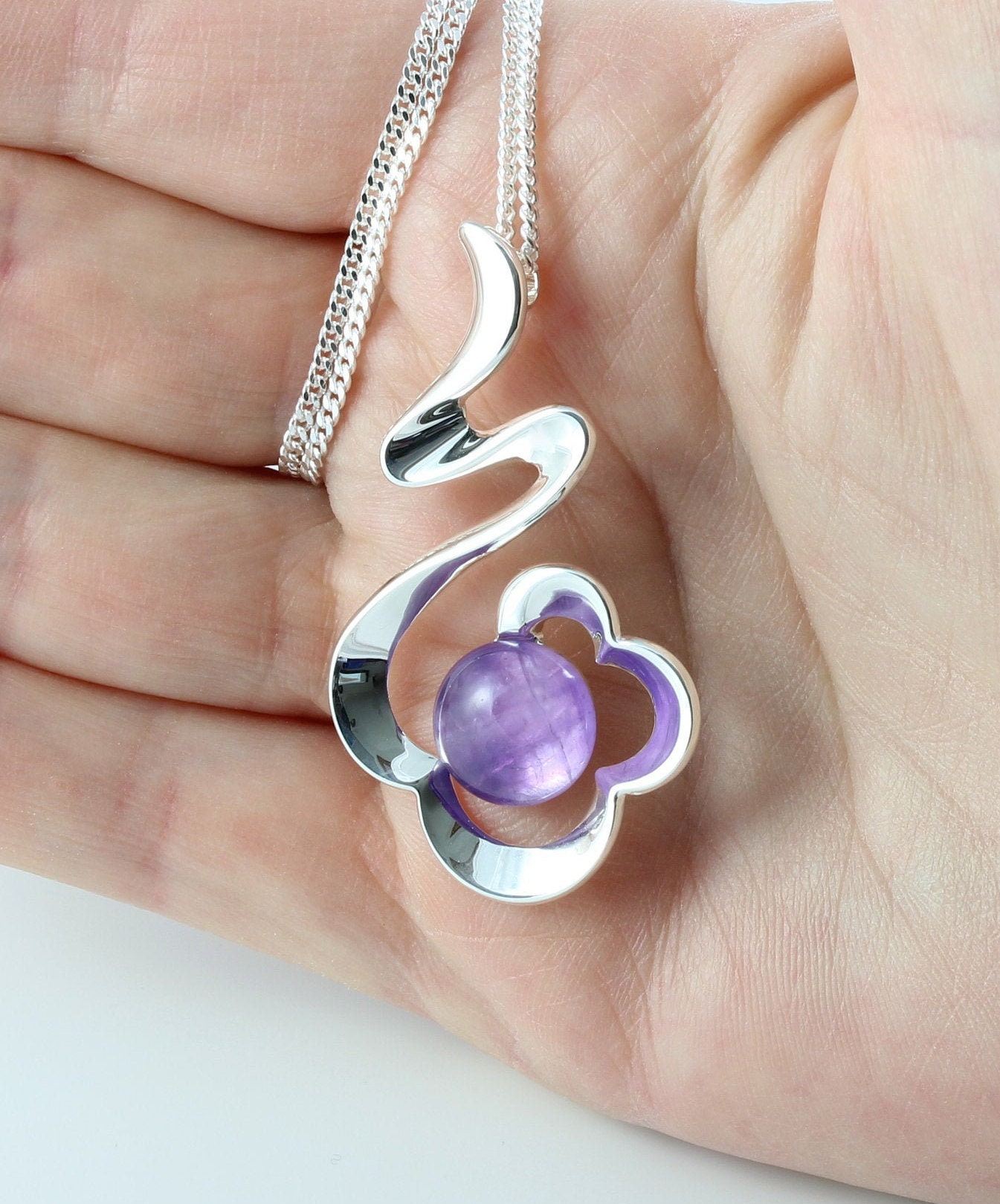 February Birthstone Natural Amethyst Gemstone Cabochon Flower Pendant