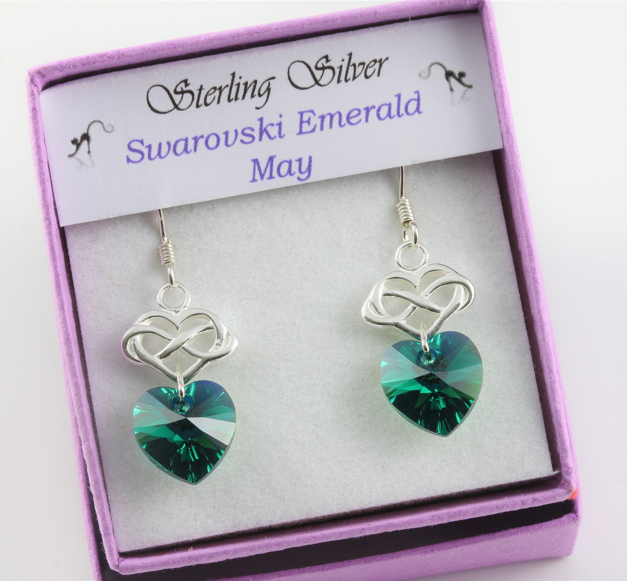 May Birthstone Sterling Silver & Swarovski Emerald Crystal Infinity Heart Drop Earrings