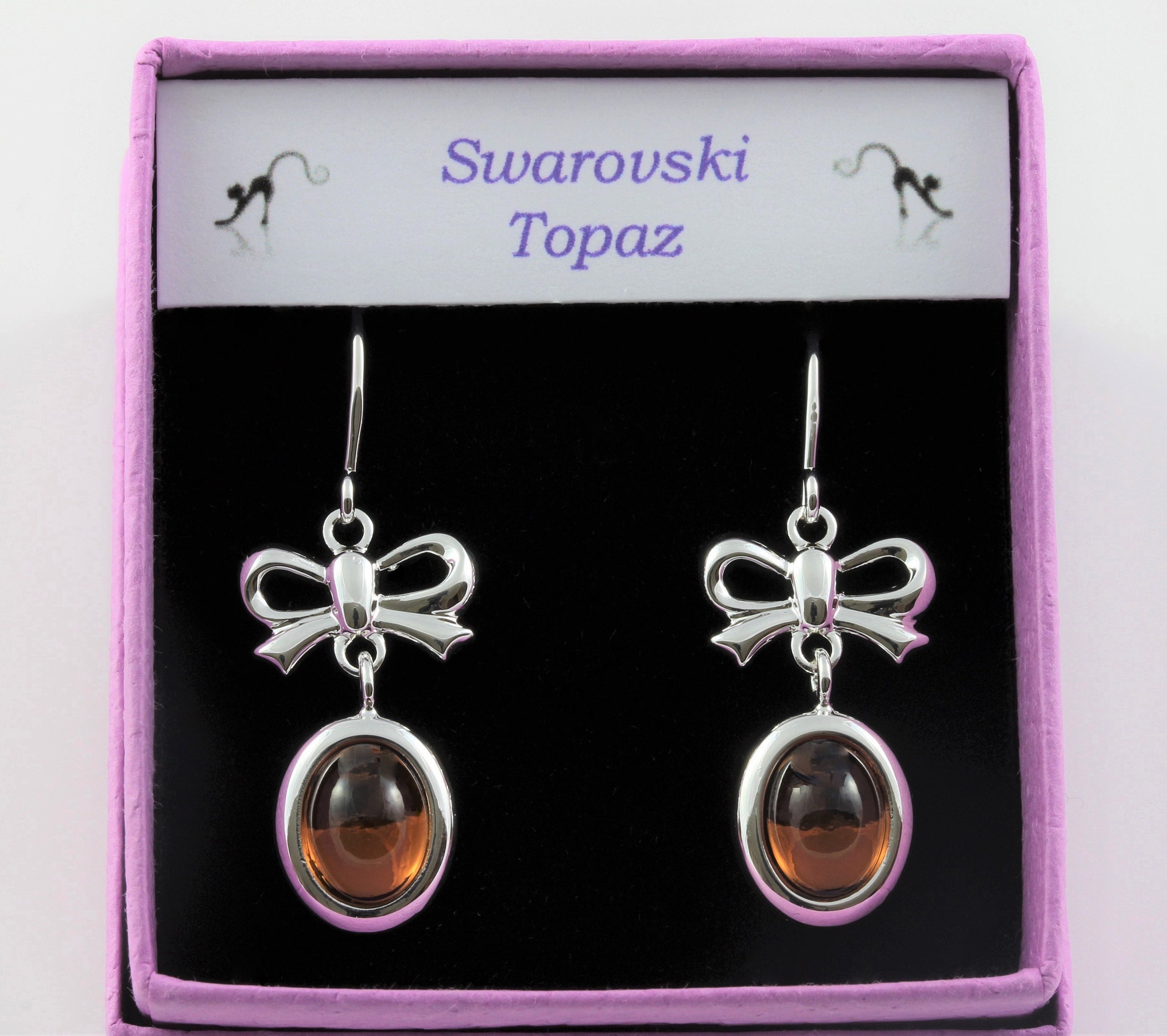 November Birthstone Vintage Swarovski Topaz Crystal Cabochon & Bow Drop Earrings