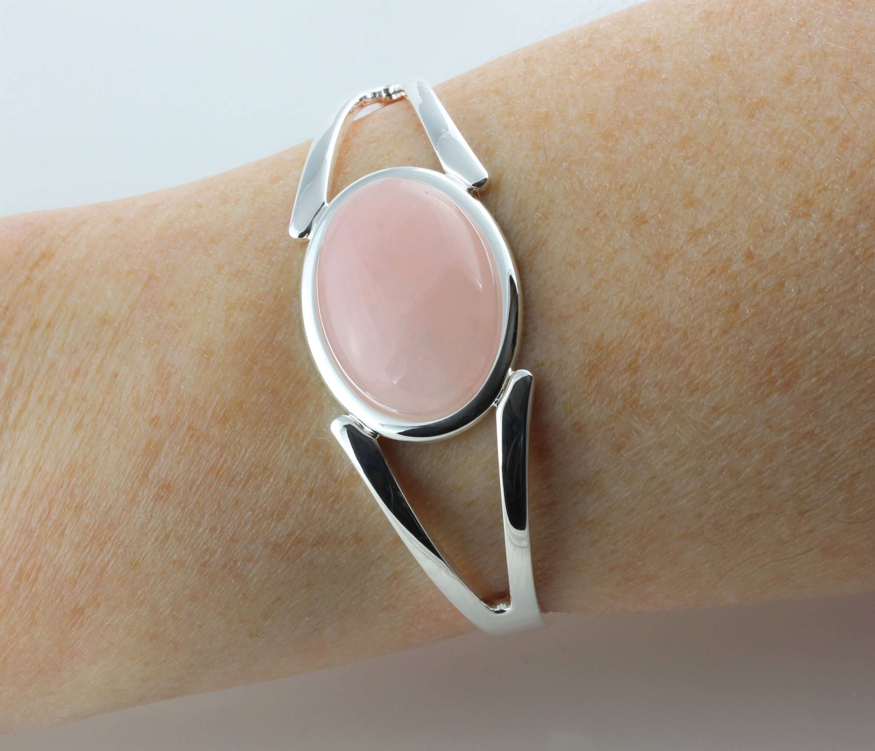 Natural Rose Quartz Gemstone Adjustable/Expandable Cabochon Cuff Bangle