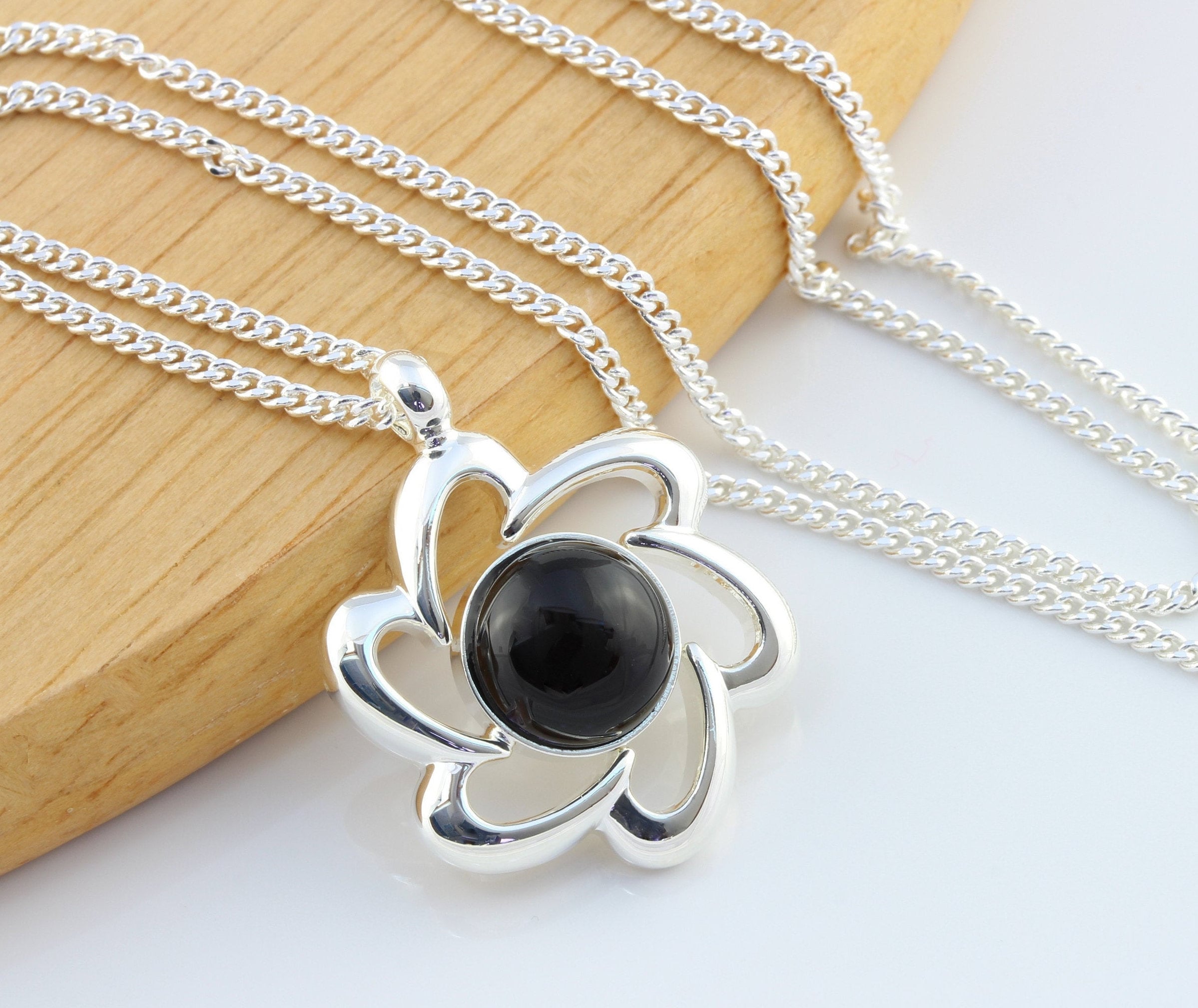 Natural Black Onyx Gemstone Flower Cabochon Pendant