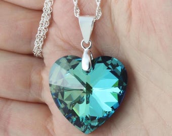 Sterling silver : Swarovski Bermuda Blue faceted crystal heart pendant
