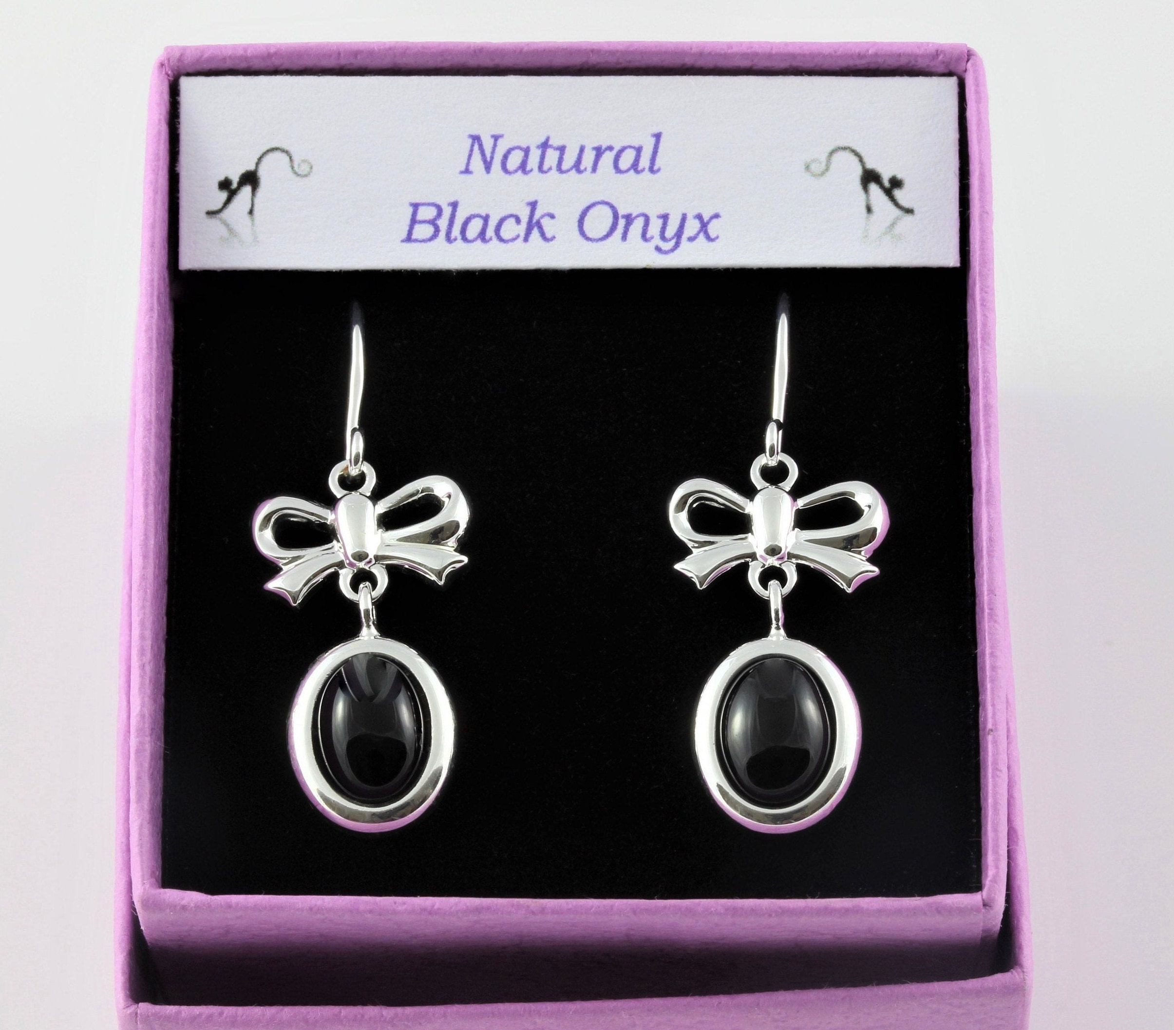 Natural Black Onyx Gemstone Cabochon & Bow Drop Earrings