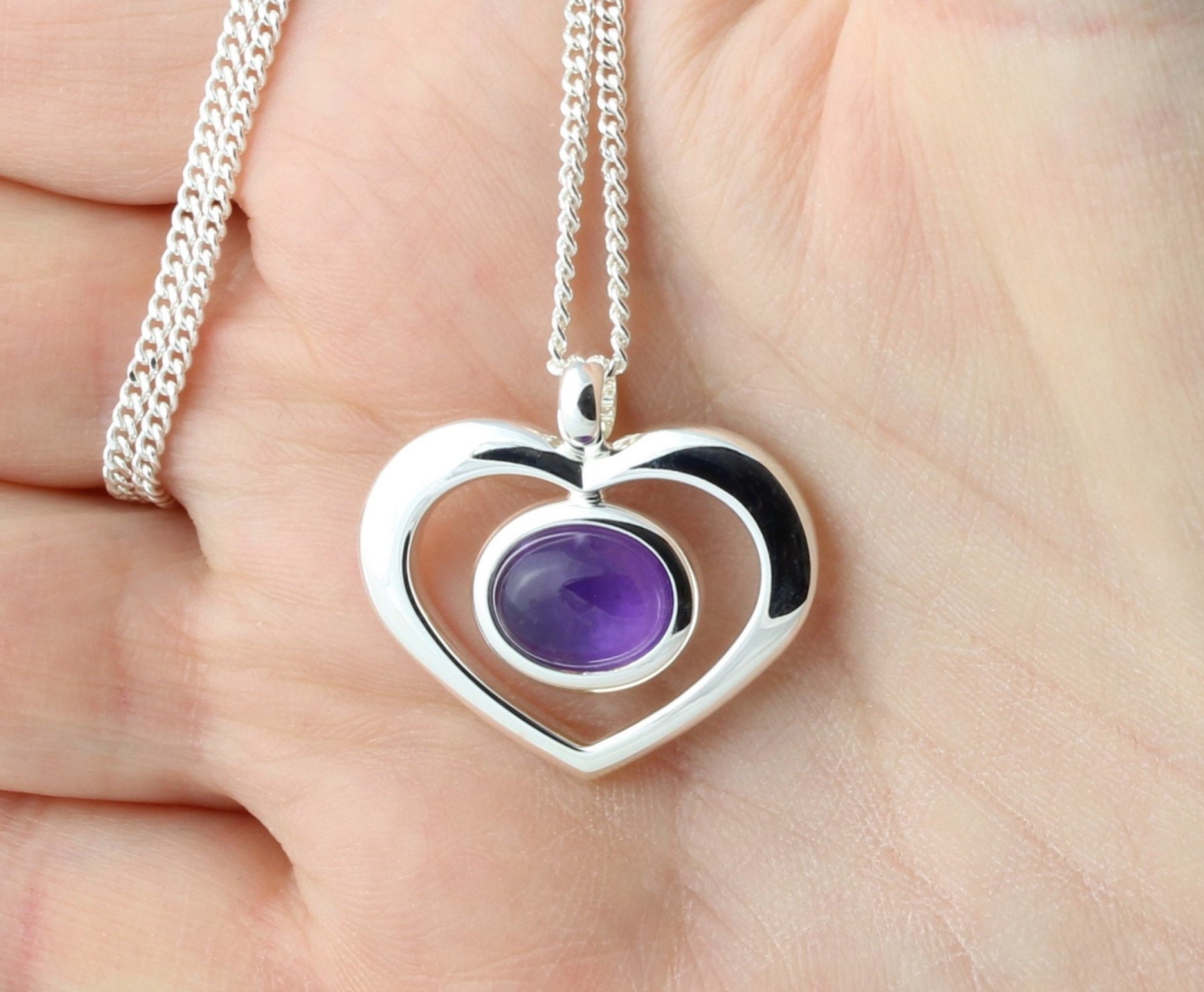 February Birthstone Natural Amethyst Gemstone Cabochon Heart Pendant