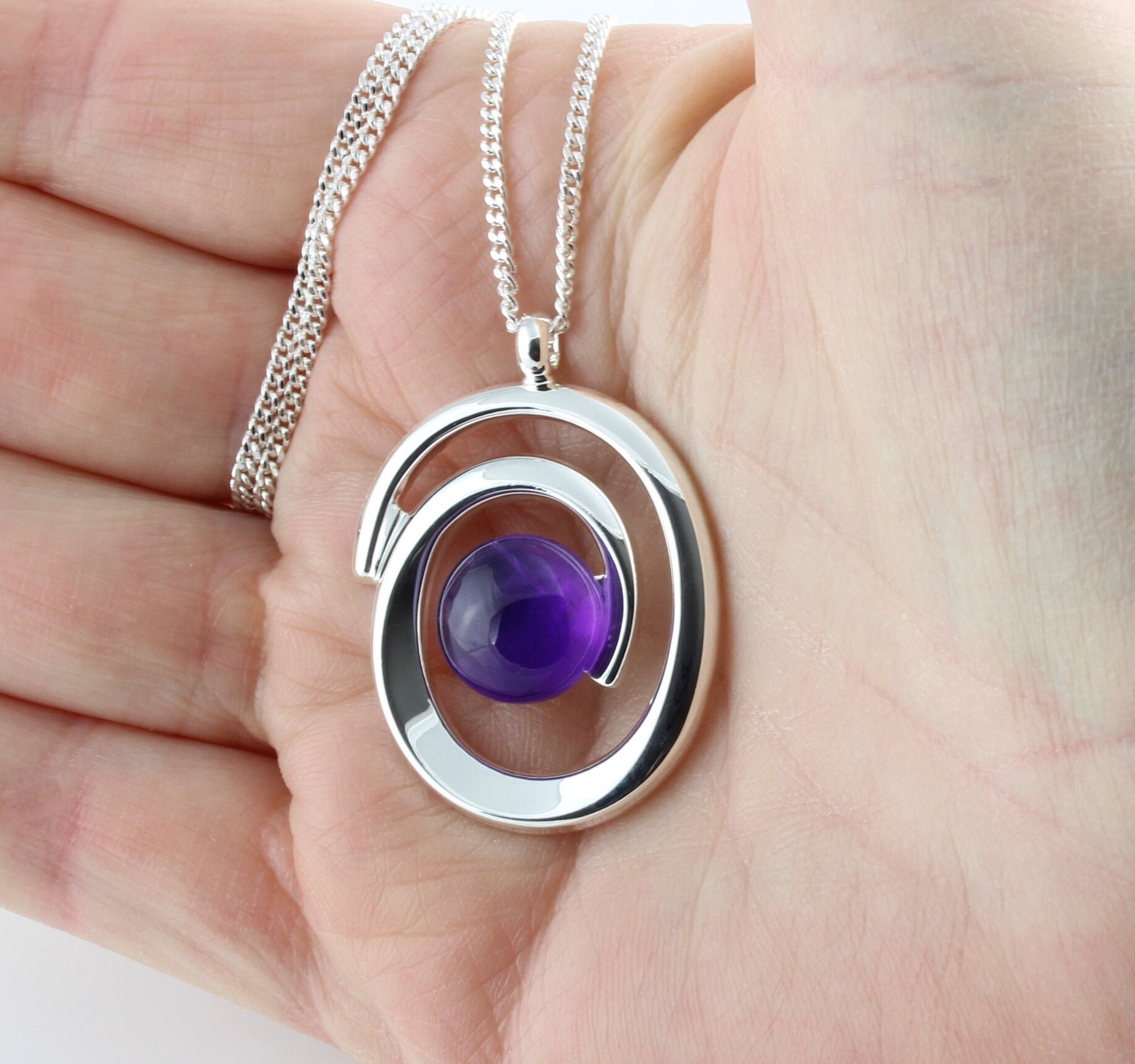 February Birthstone Natural Amethyst Gemstone Cabochon Swirl Pendant