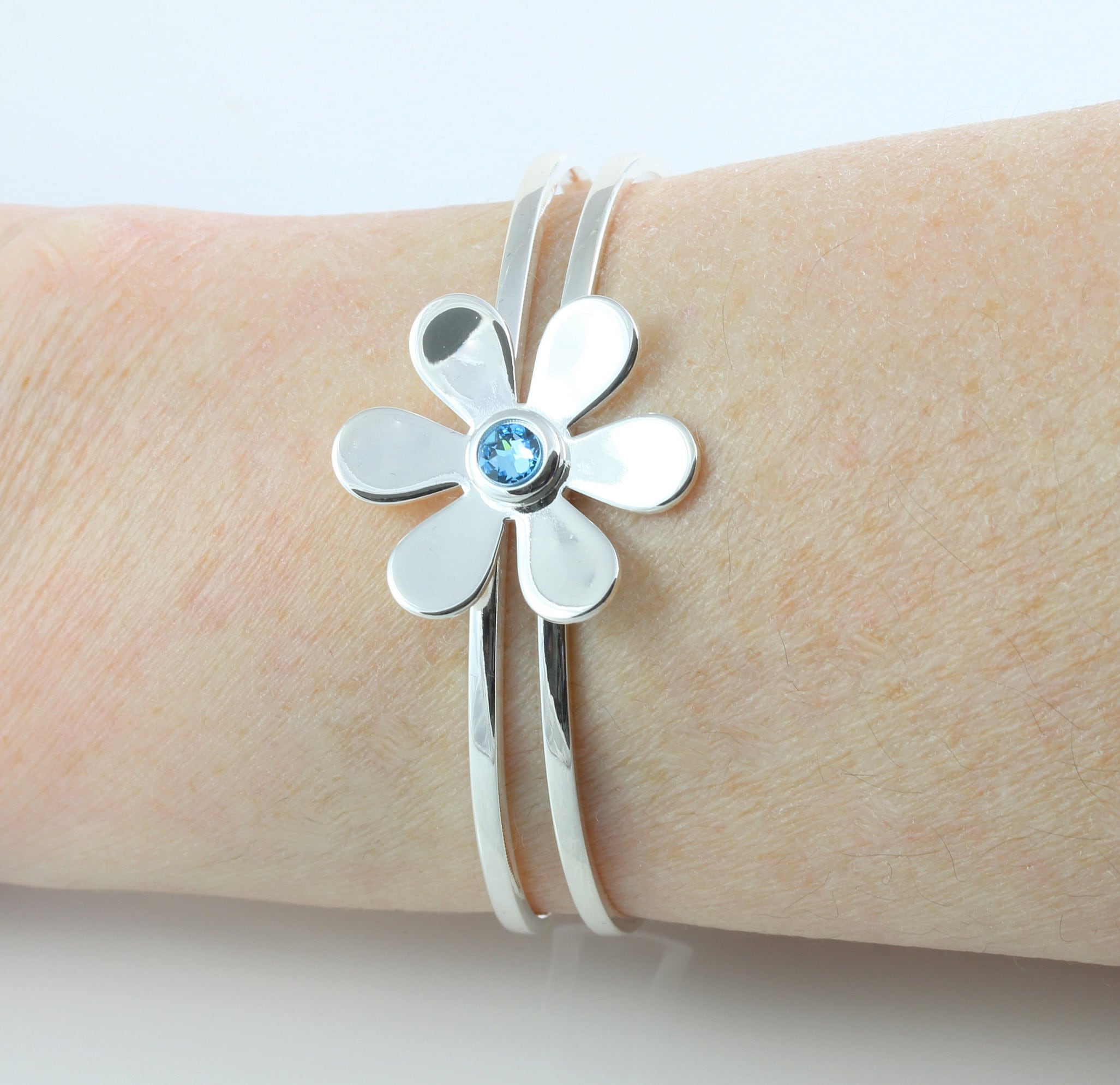 March Birthstone Swarovski Aquamarine Crystal Adjustable/Expandable Daisy Bangle