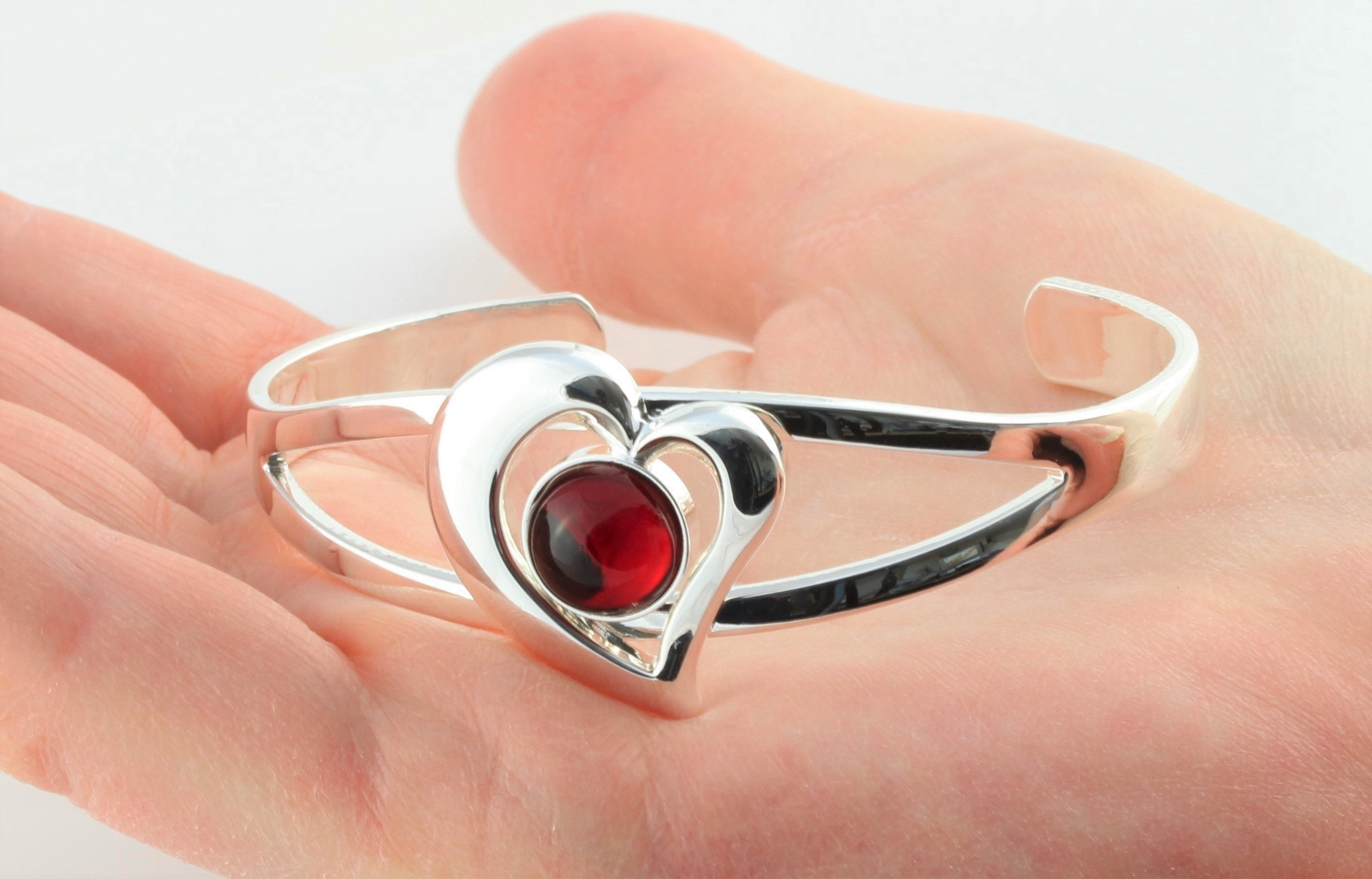 July Birthstone Vintage Swarovski Ruby Crystal Adjustable/Expandable Cabochon Heart Cuff Bangle