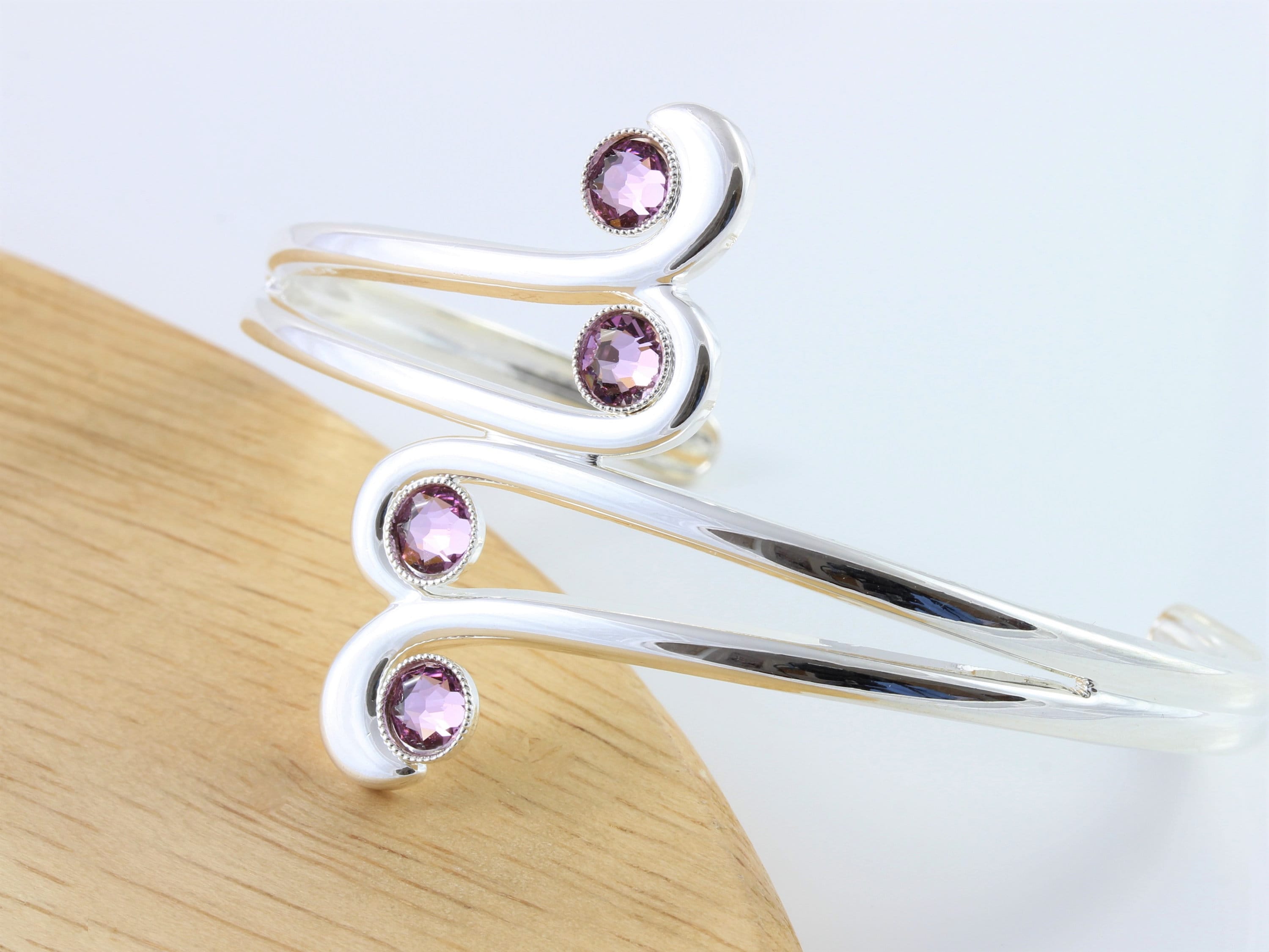 June Birthstone Swarovski Light Amethyst Crystal Adjustable/Expandable Cuff Bangle