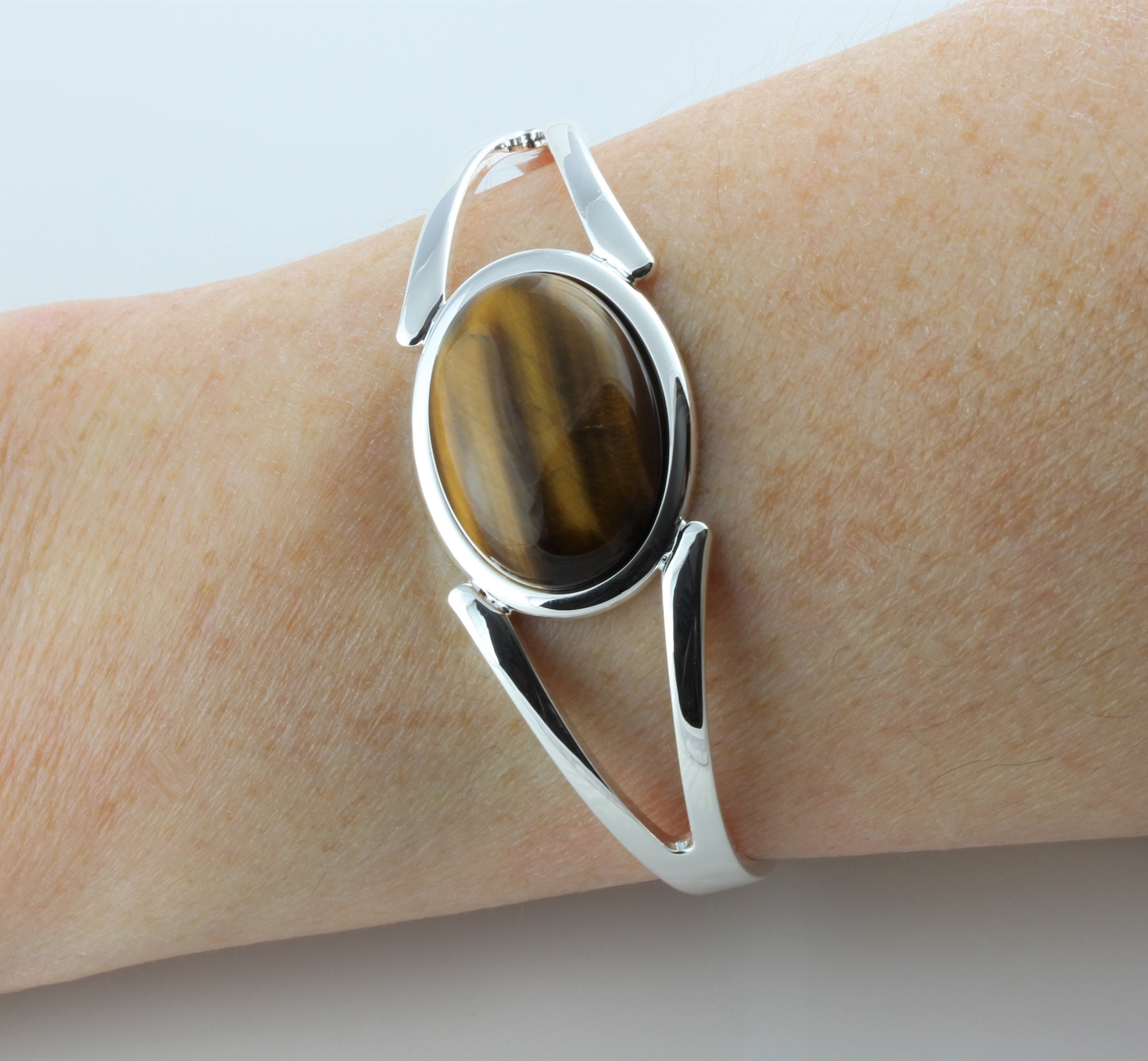 Natural Tigers Eye Gemstone Adjustable/Expandable Cabochon Cuff Bangle