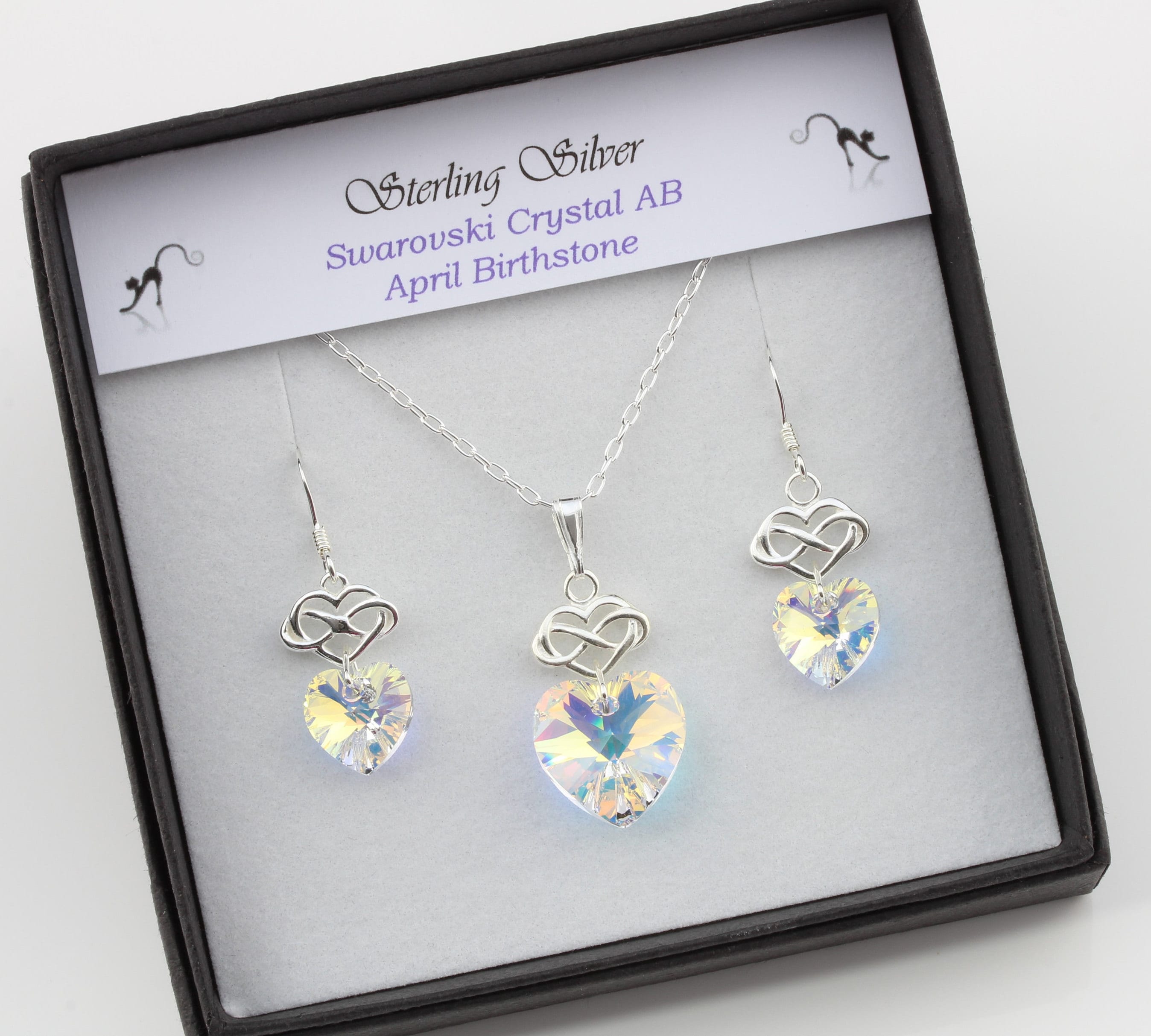 April Birthstone Sterling Silver & Swarovski Crystal Ab Infinity Heart Necklace & Earring Set