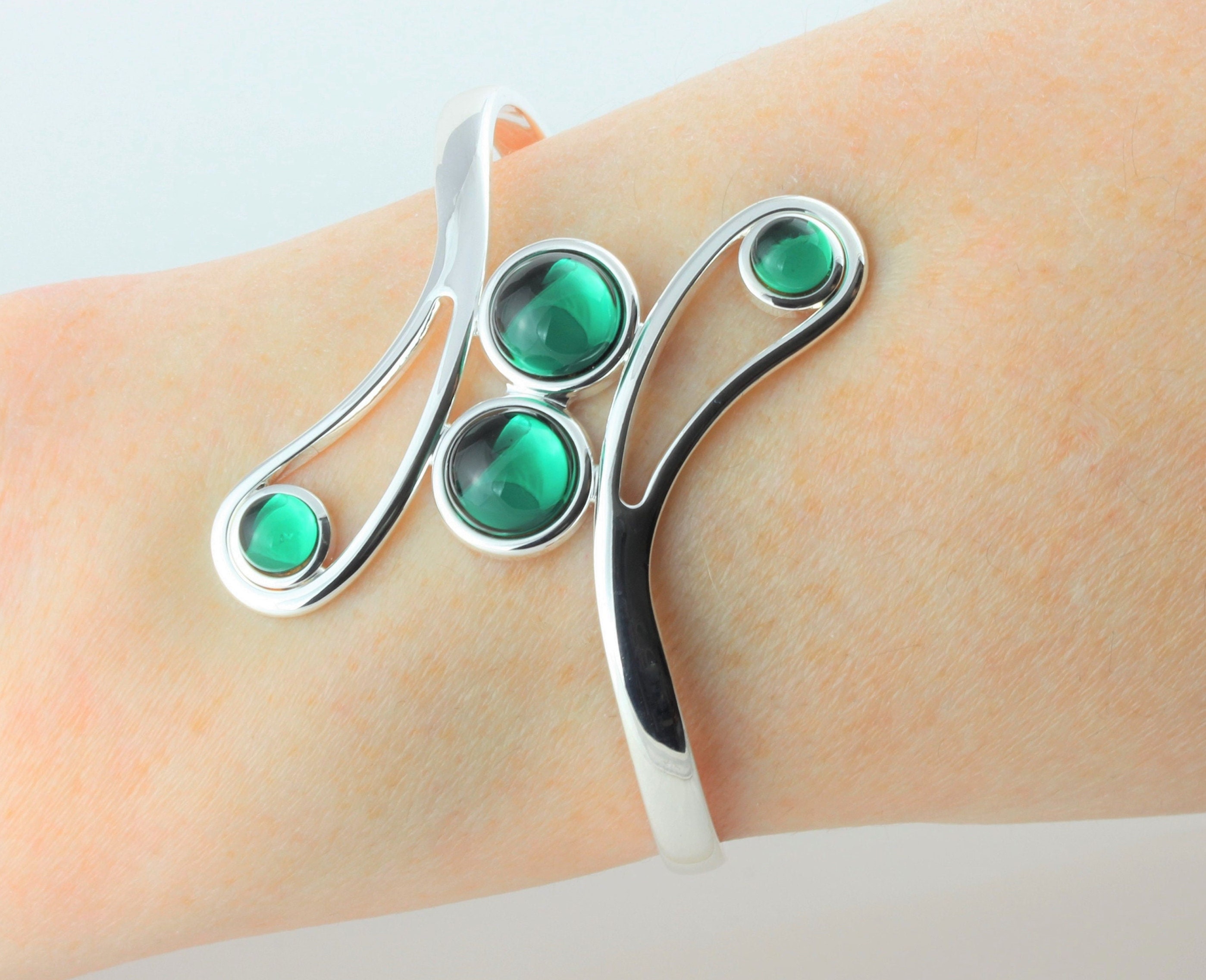 May Birthstone Vintage Swarovski Emerald Crystal Adjustable/Expandable Cabochon Cuff Bangle