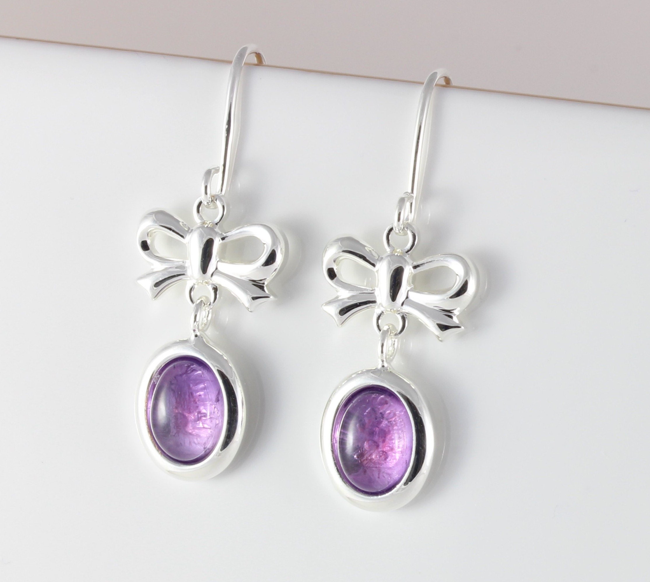 February Birthstone Natural Amethyst Gemstone Cabochon & Bow Drop Earrings