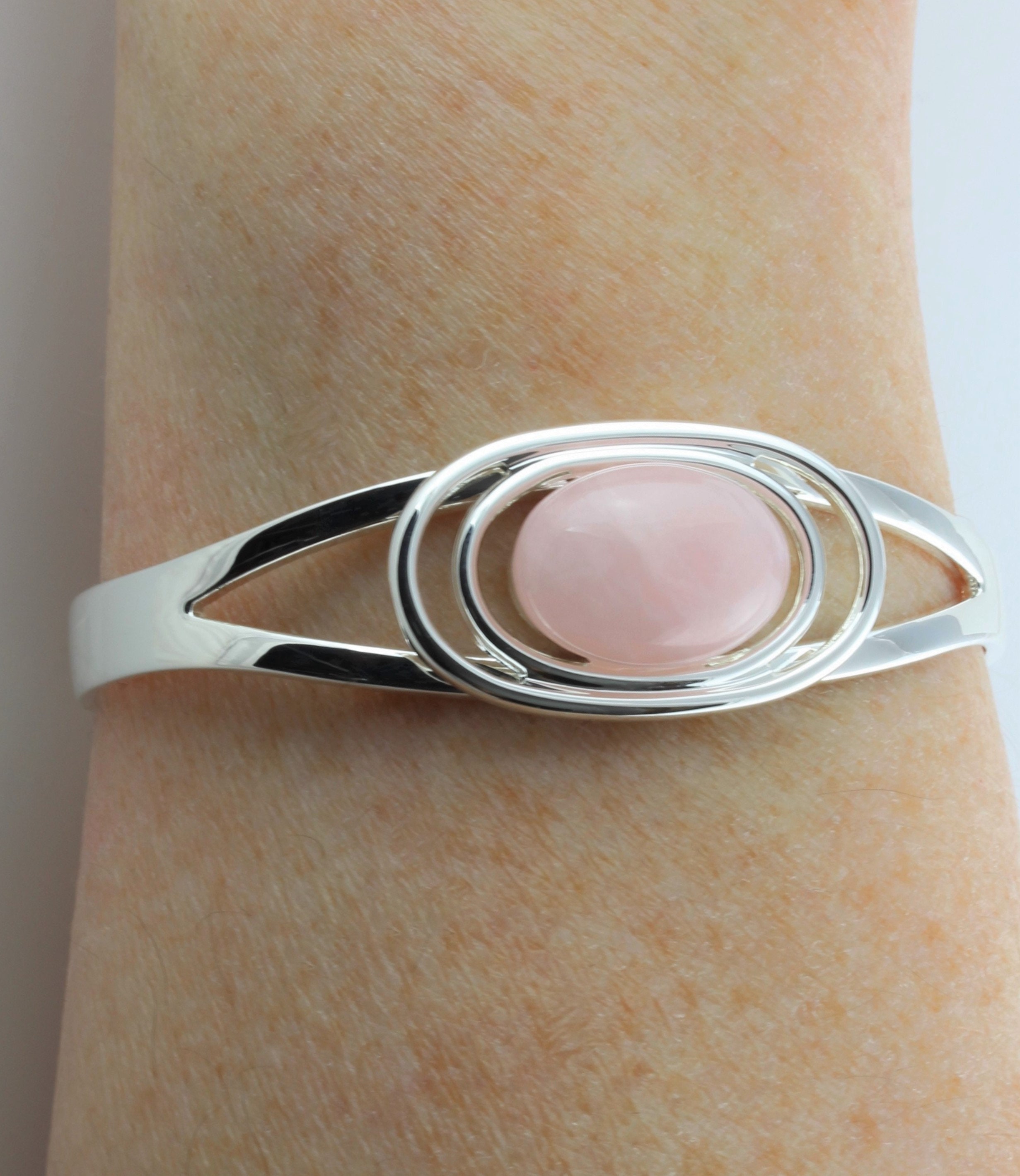 Natural Rose Quartz Gemstone Adjustable/Expandable Cabochon Cuff Bangle