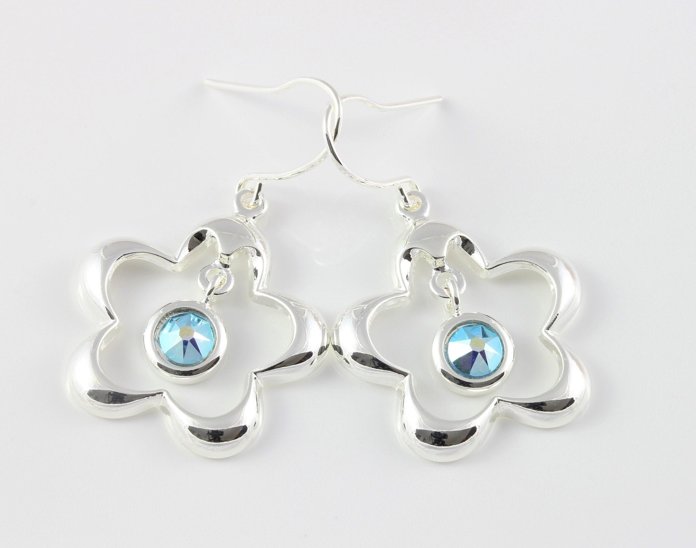 March Birthstone Swarovski Aquamarine Ab Crystal Floral Drop Earrings