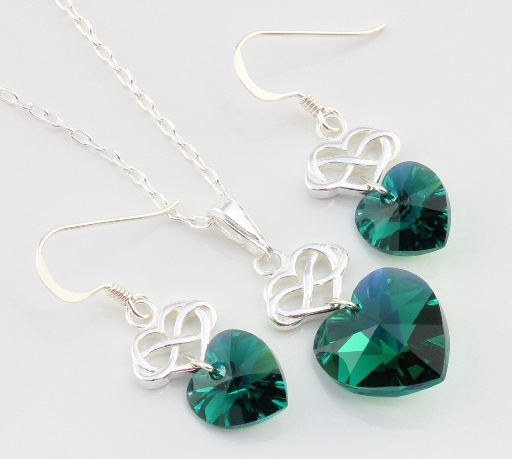 May Birthstone Sterling Silver & Swarovski Emerald Ab Crystal Infinity Heart Necklace & Earring Set