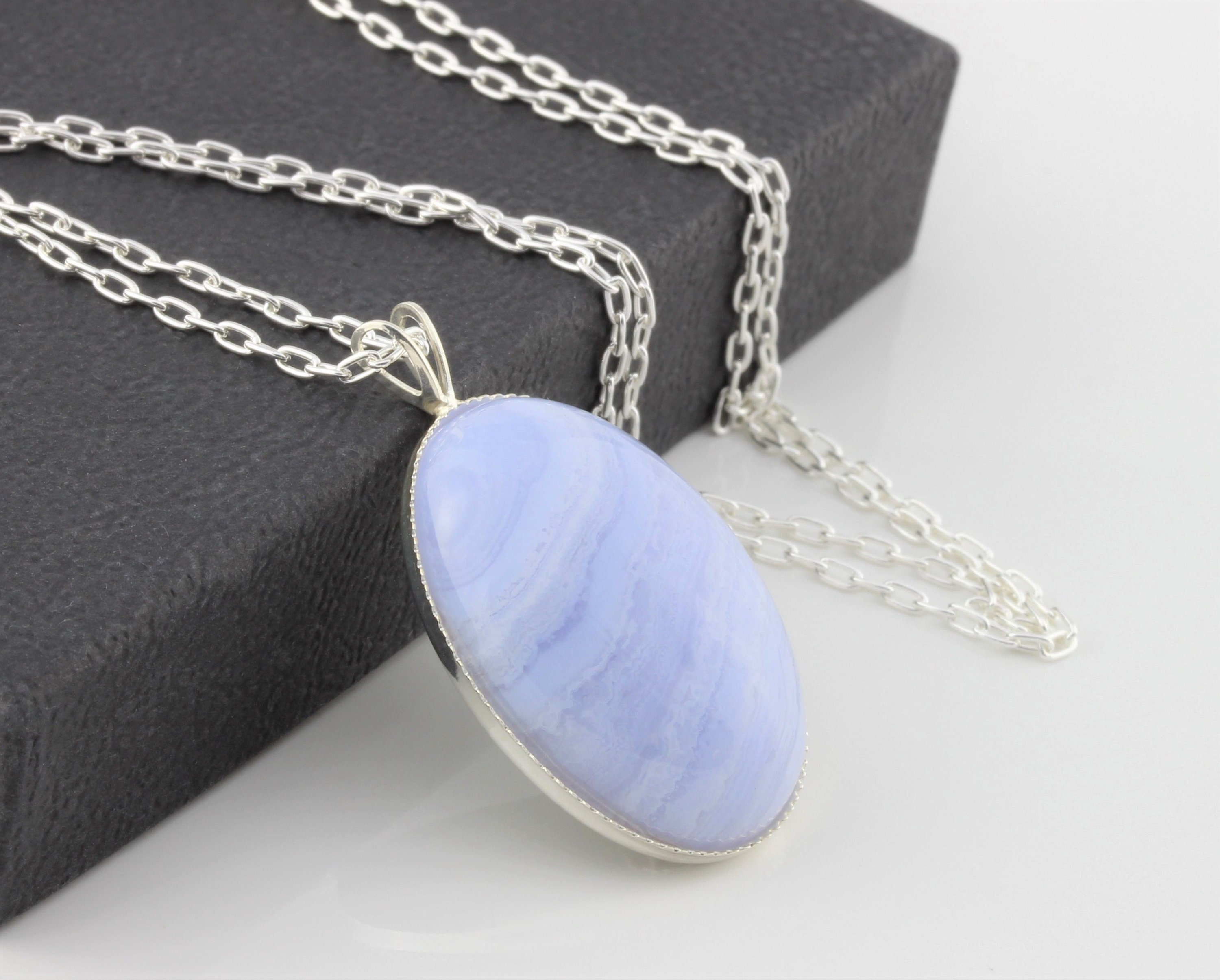 sterling Silver & Natural Blue Lace Agate Gemstone Cabochon Pendant
