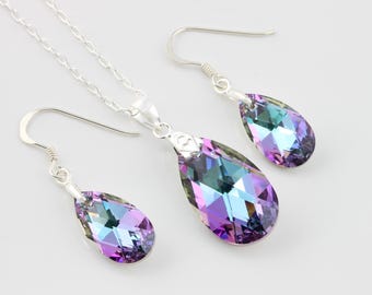 Sterling silver : Austrian Light Vitrail crystal matching pear drop pendant & earring set