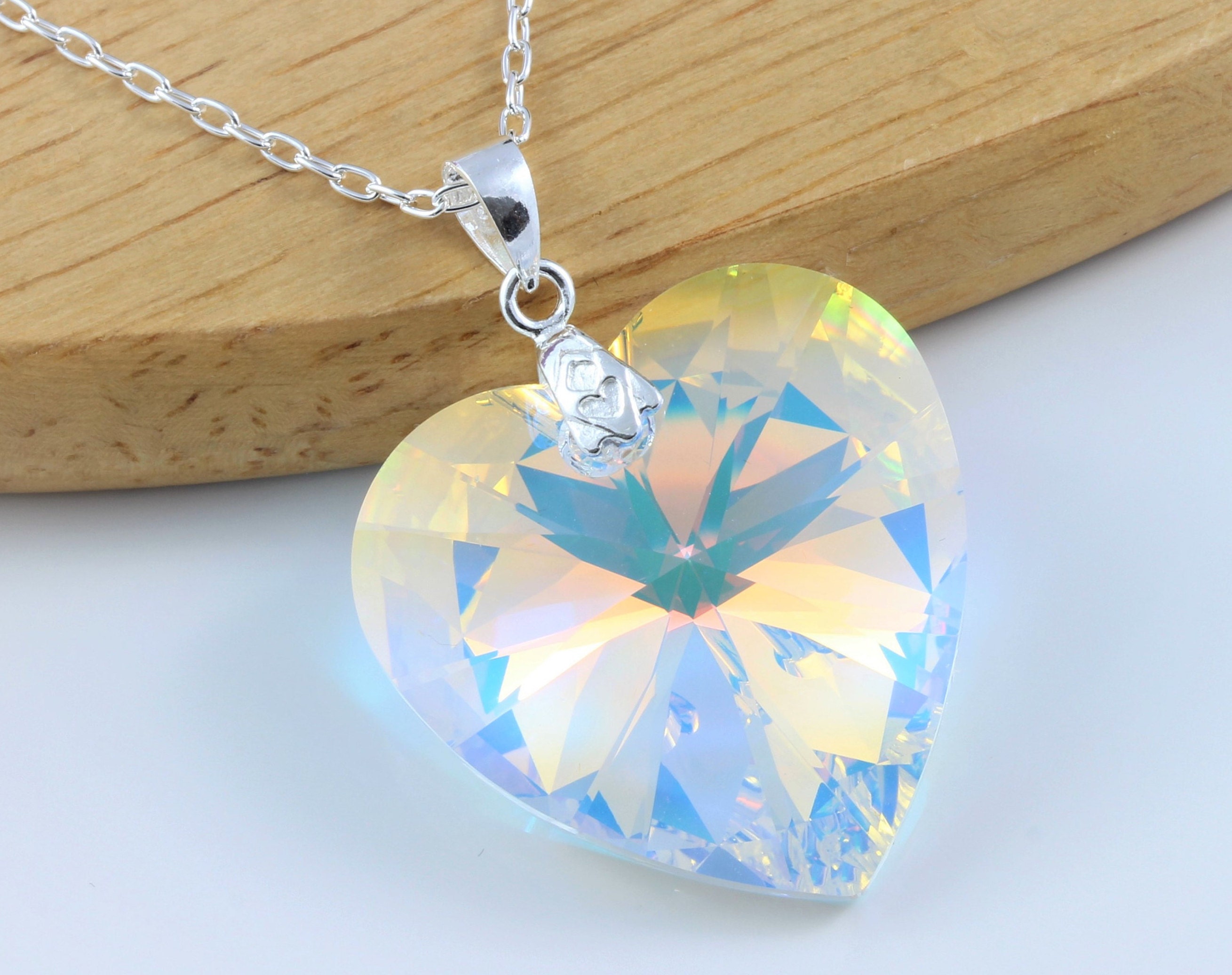 April Birthstone Large Swarovski Crystal Ab Sterling Silver Faceted Heart Pendant