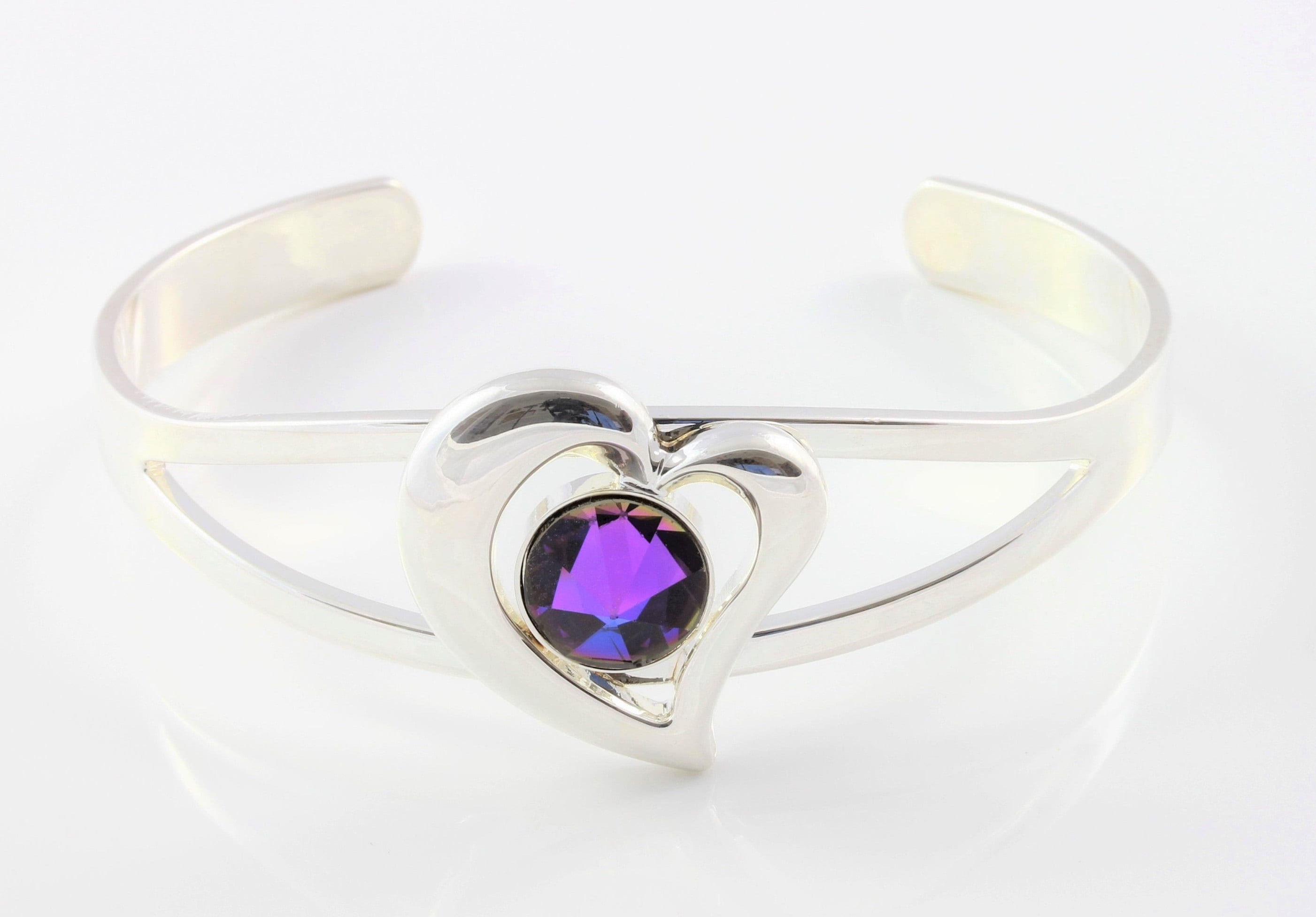 Vintage Swarovski Heliotrope Crystal Adjustable/Expandable Cabochon Heart Cuff Bangle