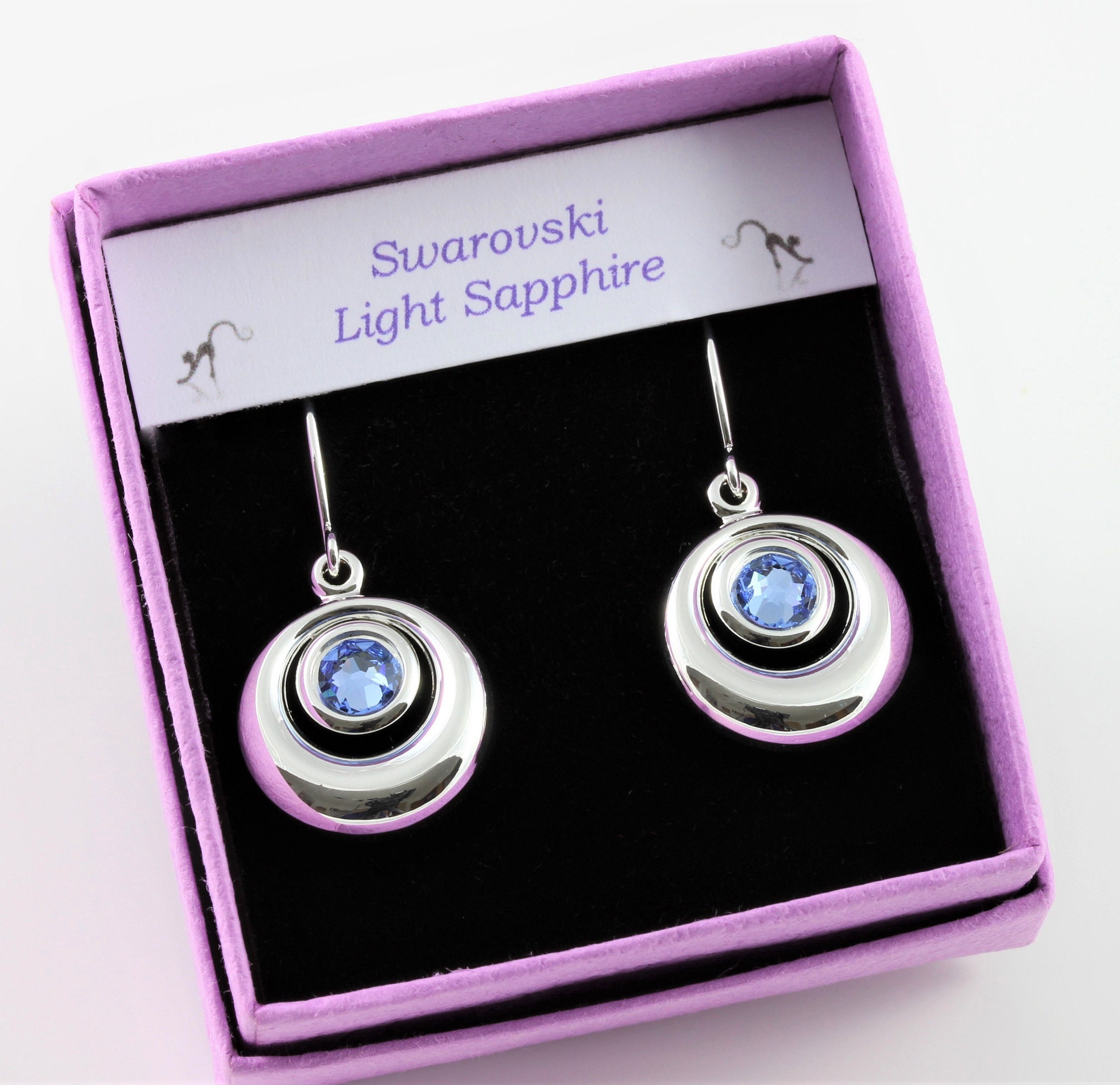 December Birthstone Swarovski Light Sapphire Crystal Circular Cabochon Drop Earrings