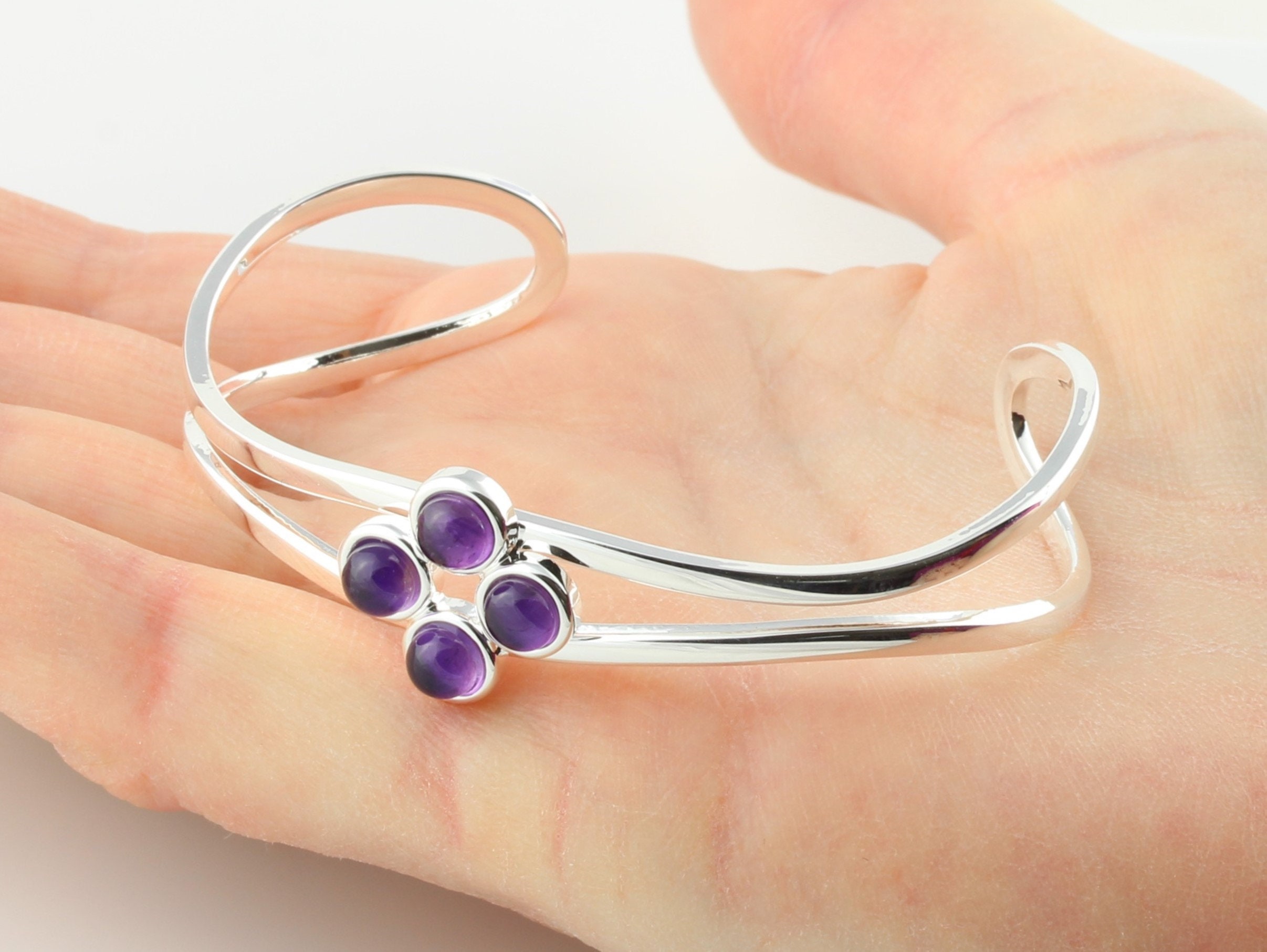 February Birthstone Natural Amethyst Gemstone Adjustable/Expandable Cabochon Bangle