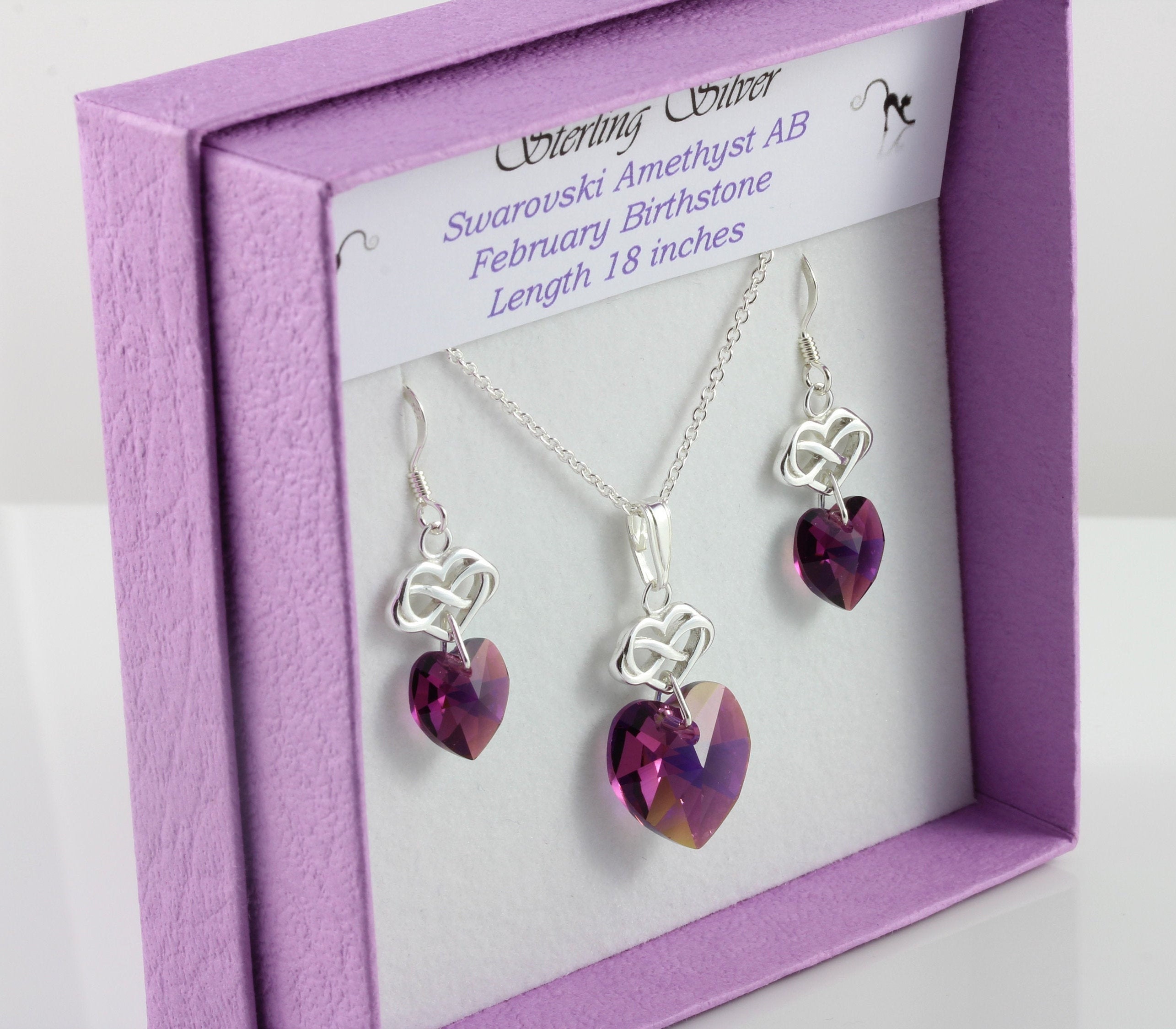 February Birthstone Sterling Silver & Swarovski Amethyst Ab Crystal Infinity Heart Necklace & Earring Set