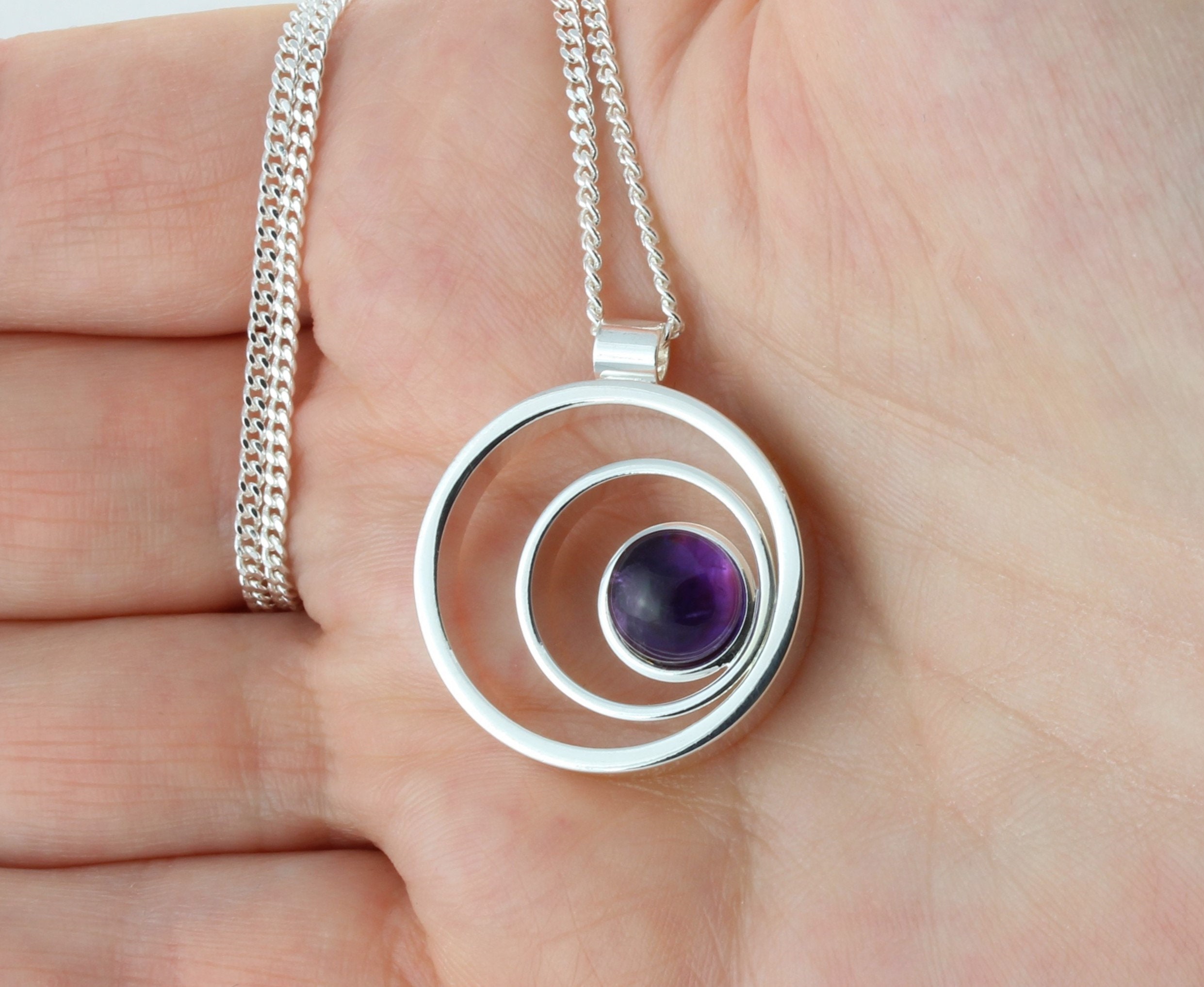 February Birthstone Natural Amethyst Circular Cabochon Pendant