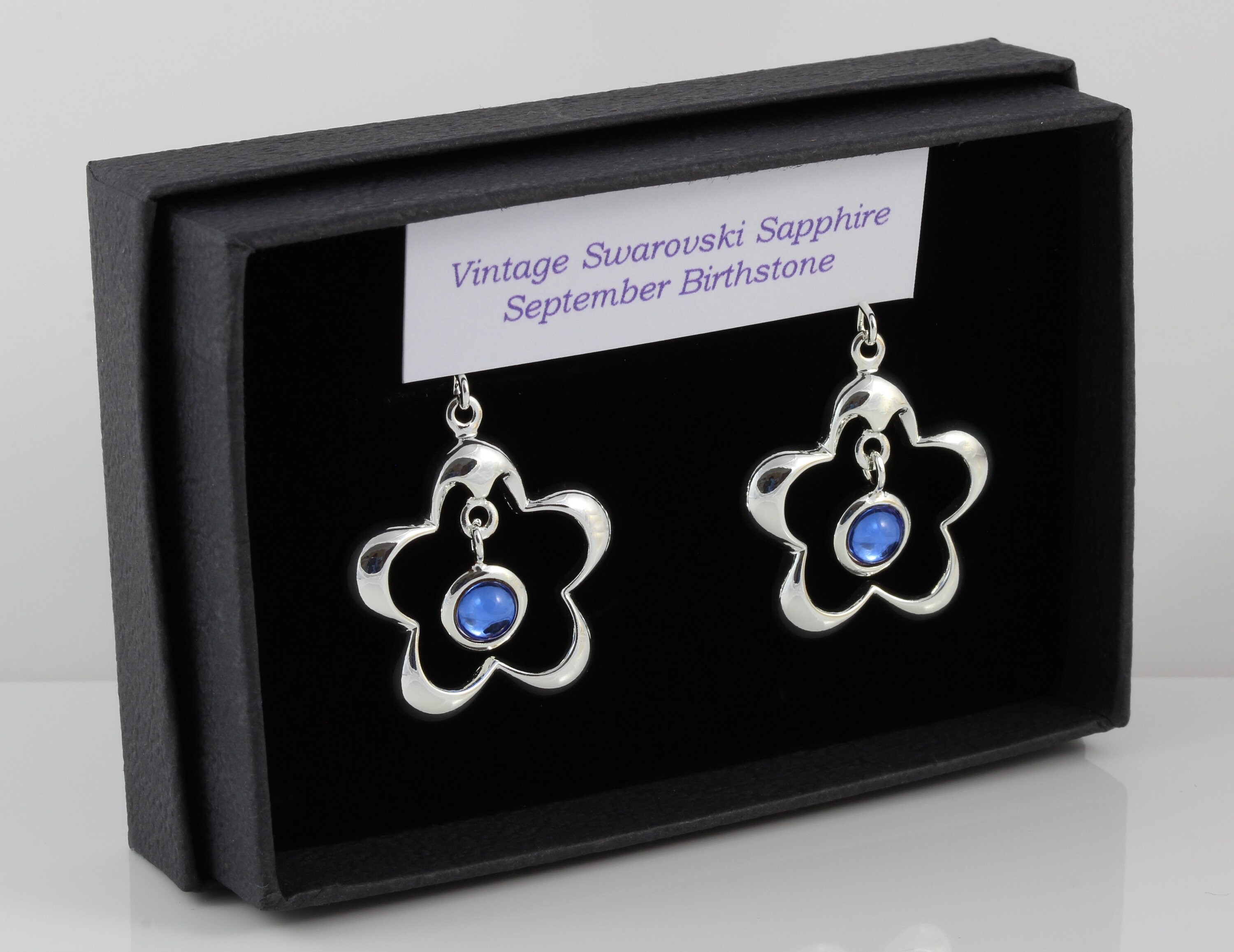 September Birthstone Vintage Swarovski Sapphire Crystal Flower Drop Earrings