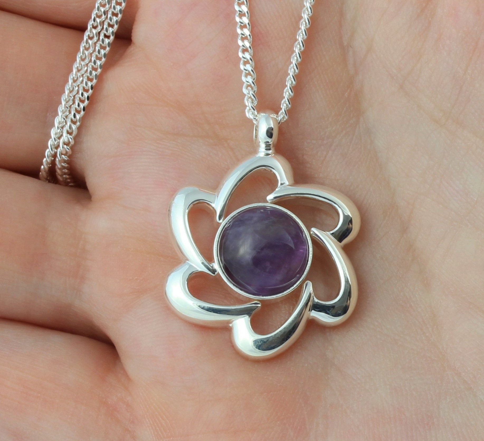 February Birthstone Natural Amethyst Gemstone Cabochon Flower Pendant