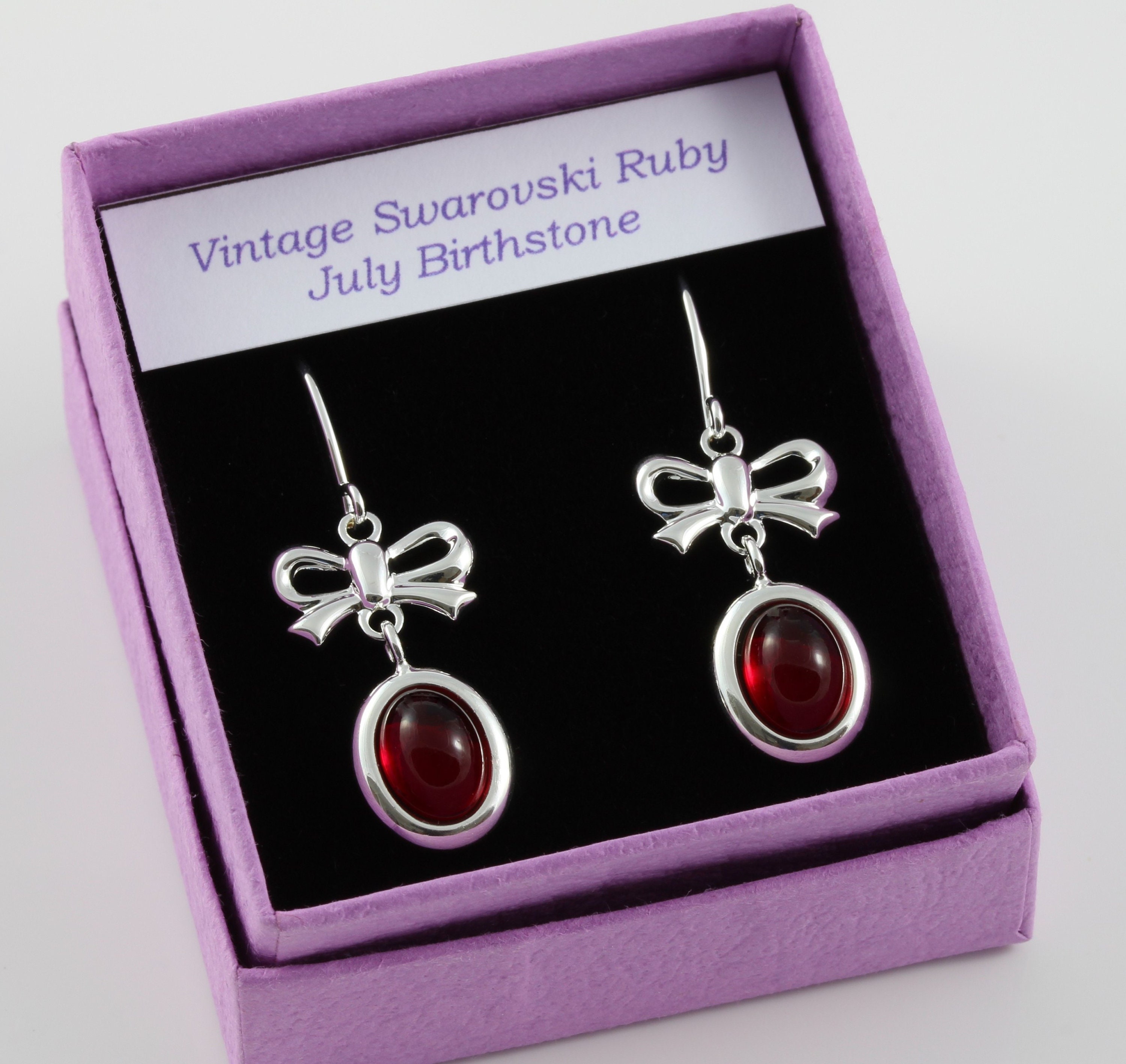 July Birthstone Vintage Swarovski Ruby Crystal Cabochon & Bow Drop Earrings