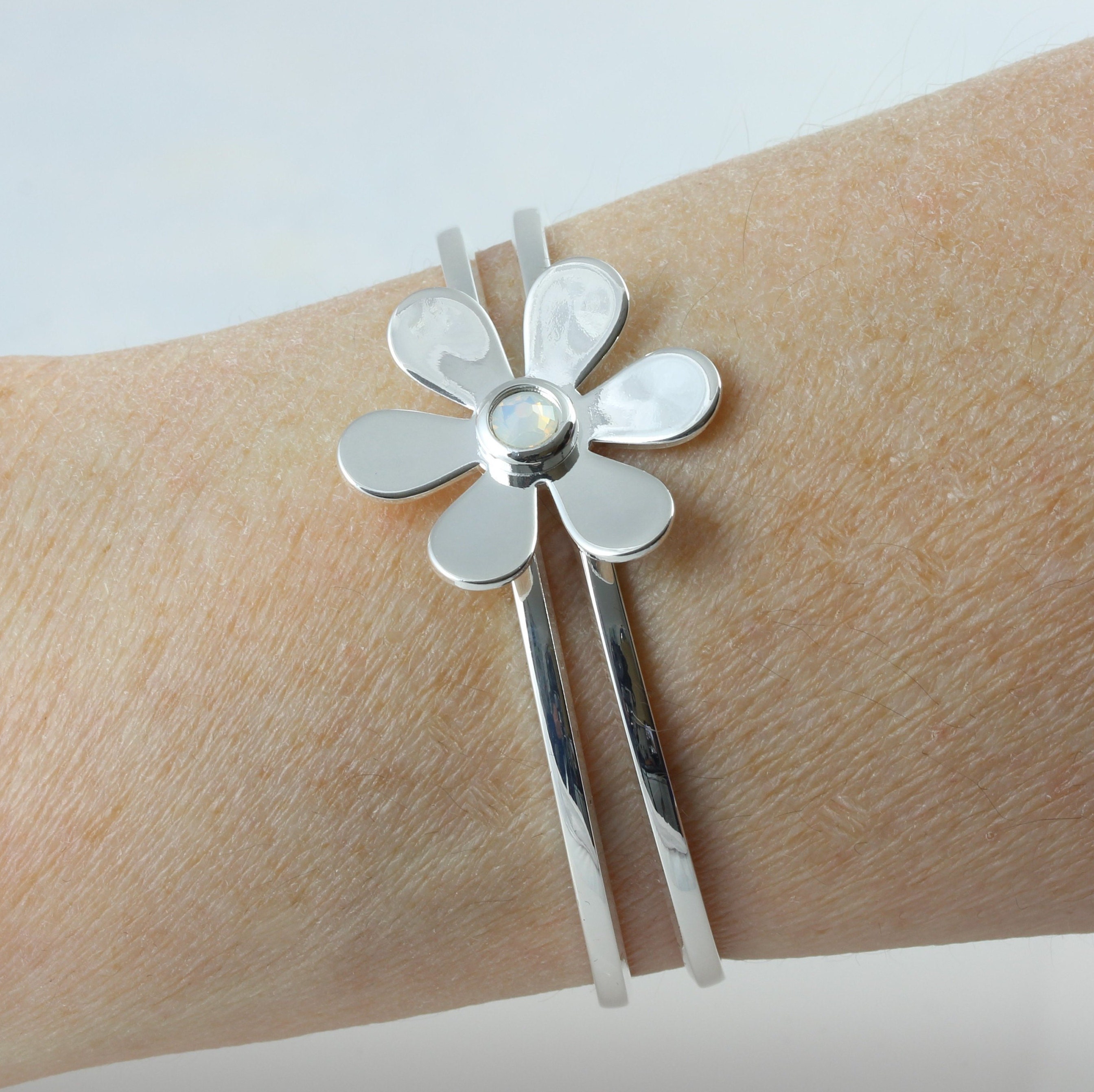 October Birthstone Swarovski White Opal Crystal Adjustable/Expandable Daisy Bangle