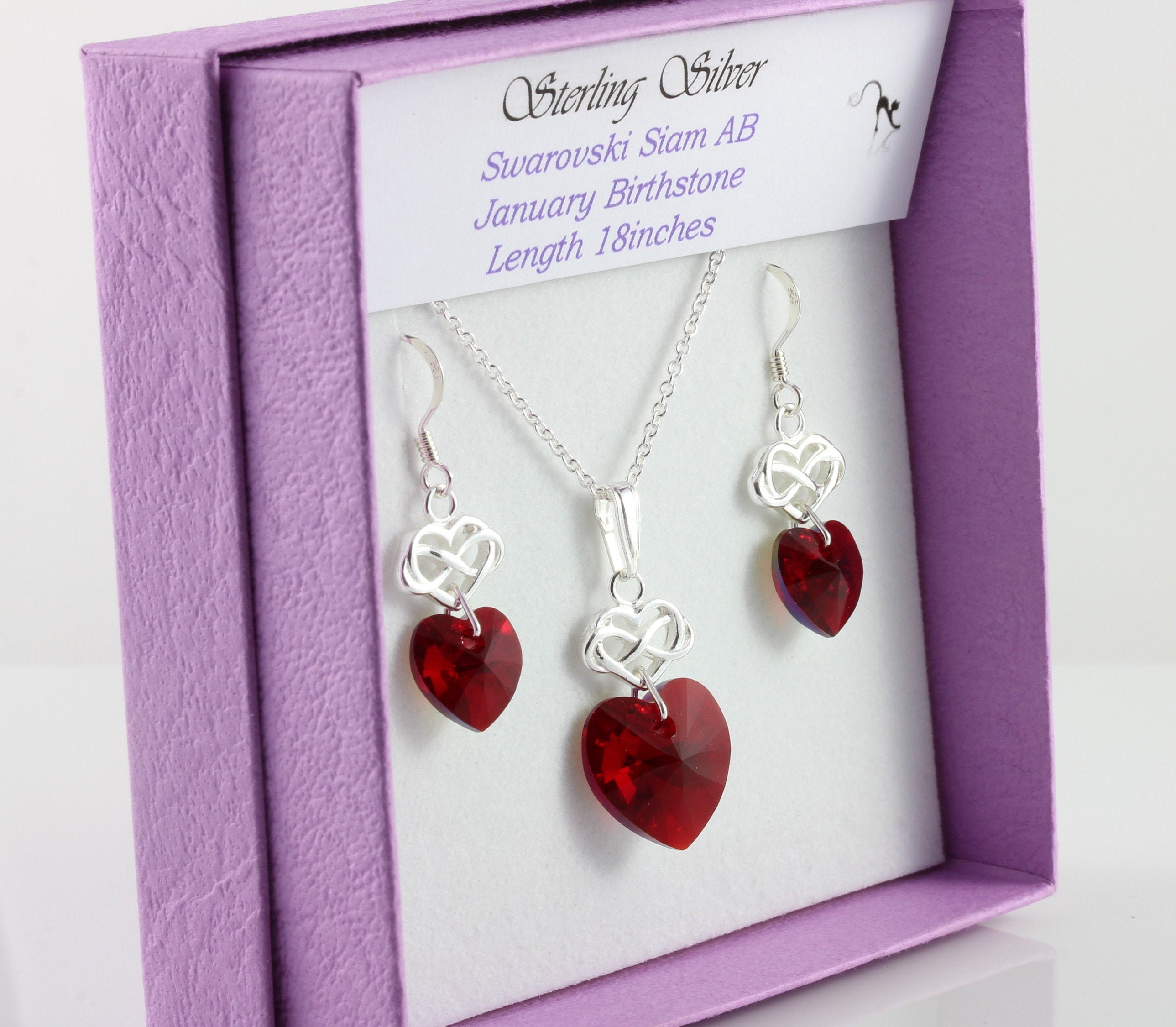 January Birthstone Sterling Silver & Swarovski Siam Ab Crystal Infinity Heart Necklace & Earring Set