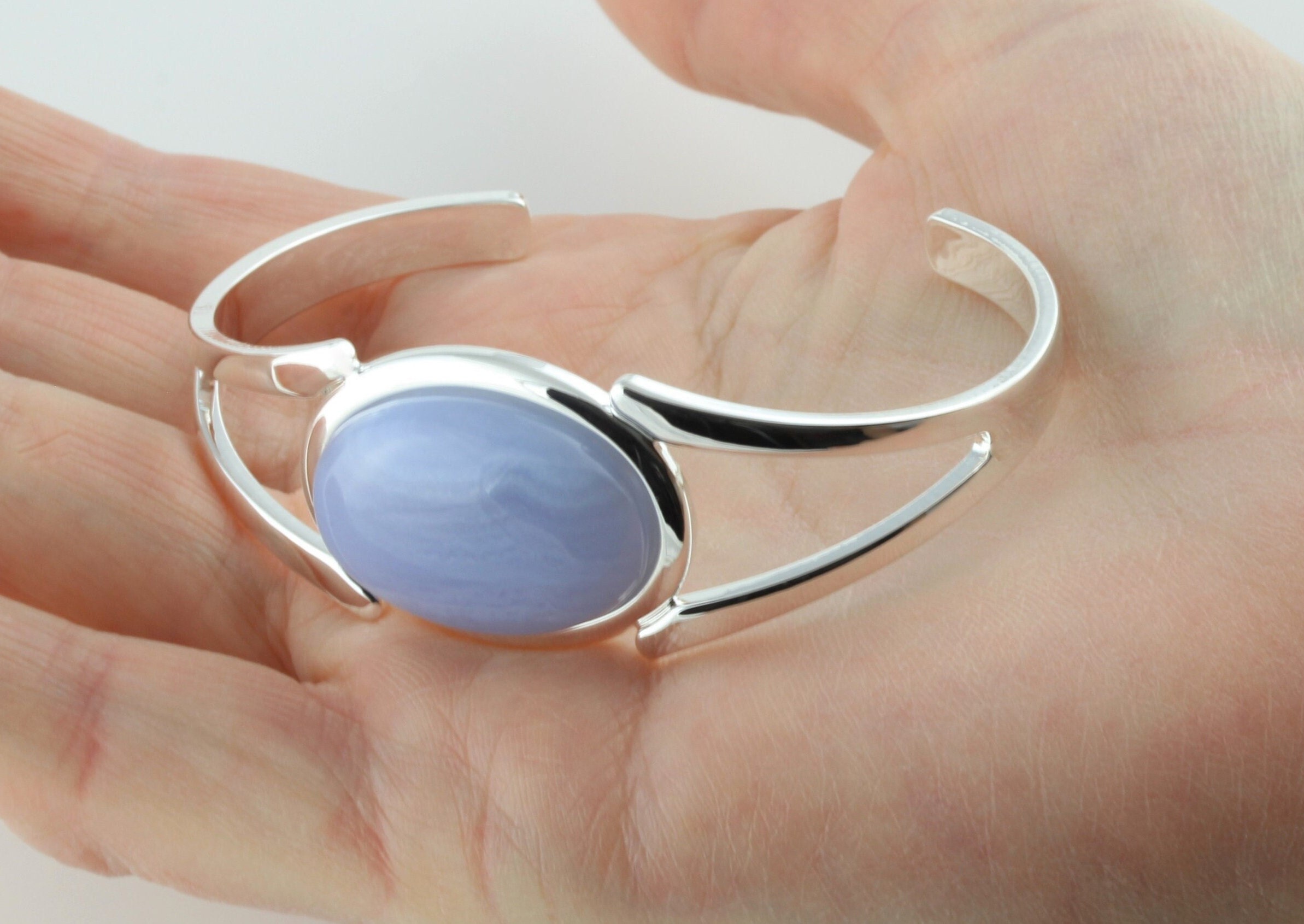 Natural Blue Lace Agate Gemstone Adjustable/Expandable Cabochon Cuff Bangle