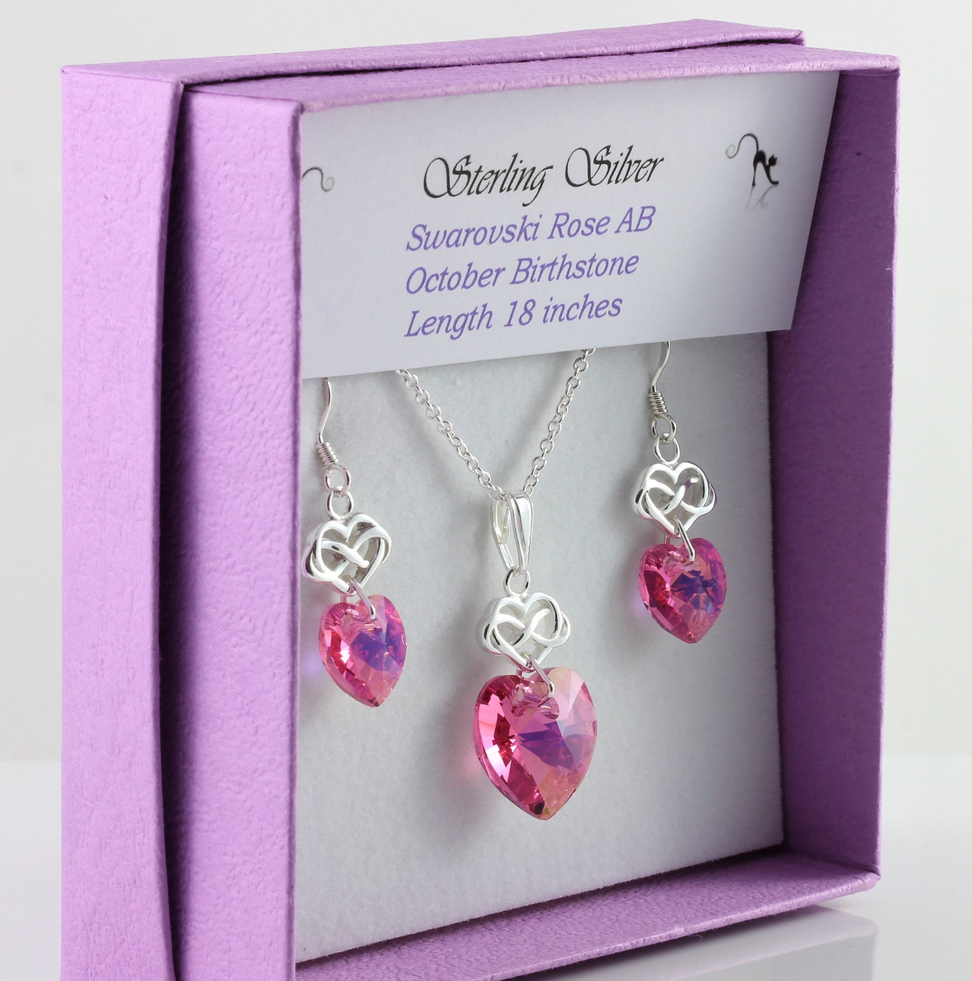 October Birthstone Sterling Silver & Swarovski Rose Ab Crystal Infinity Heart Necklace & Earring Set