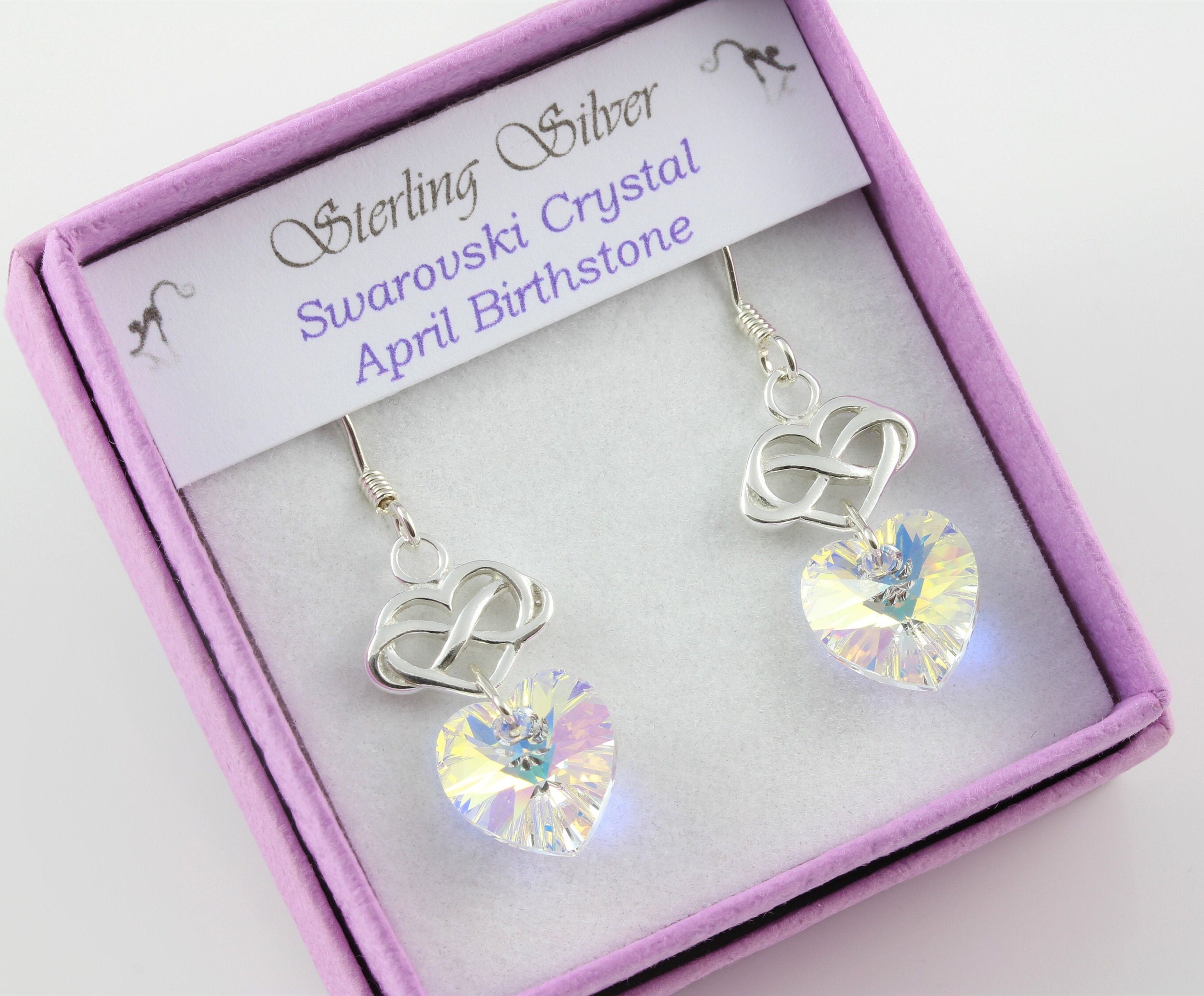 April Birthstone Sterling Silver & Swarovski Crystal Ab Infinity Heart Drop Earrings