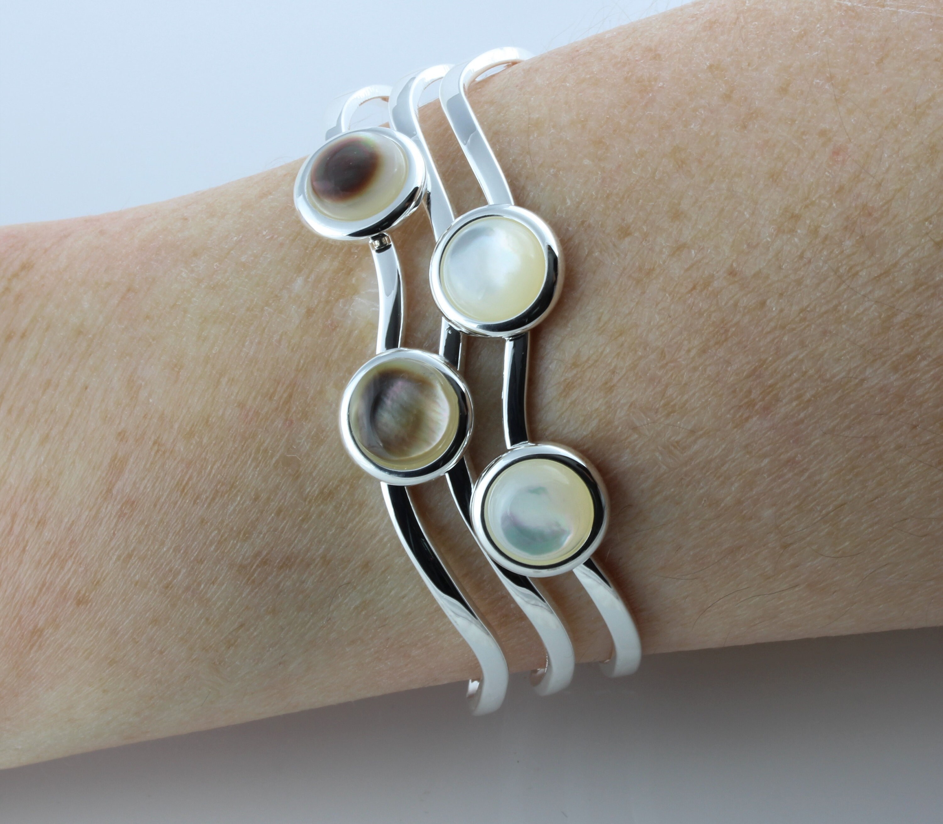 Natural Mother Of Pearl Adjustable/Expandable Multi Cabochon Cuff Bangle