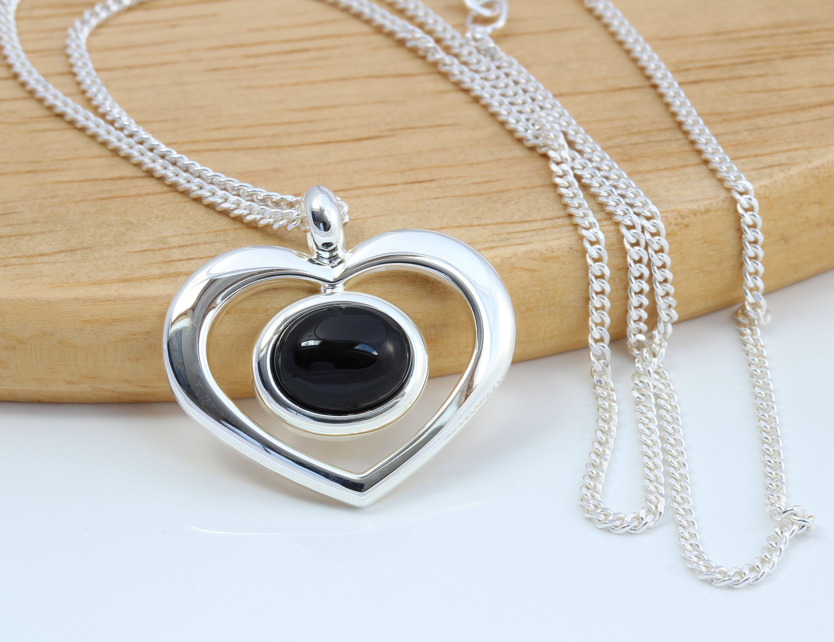 Natural Black Onyx Gemstone Cabochon Heart Pendant