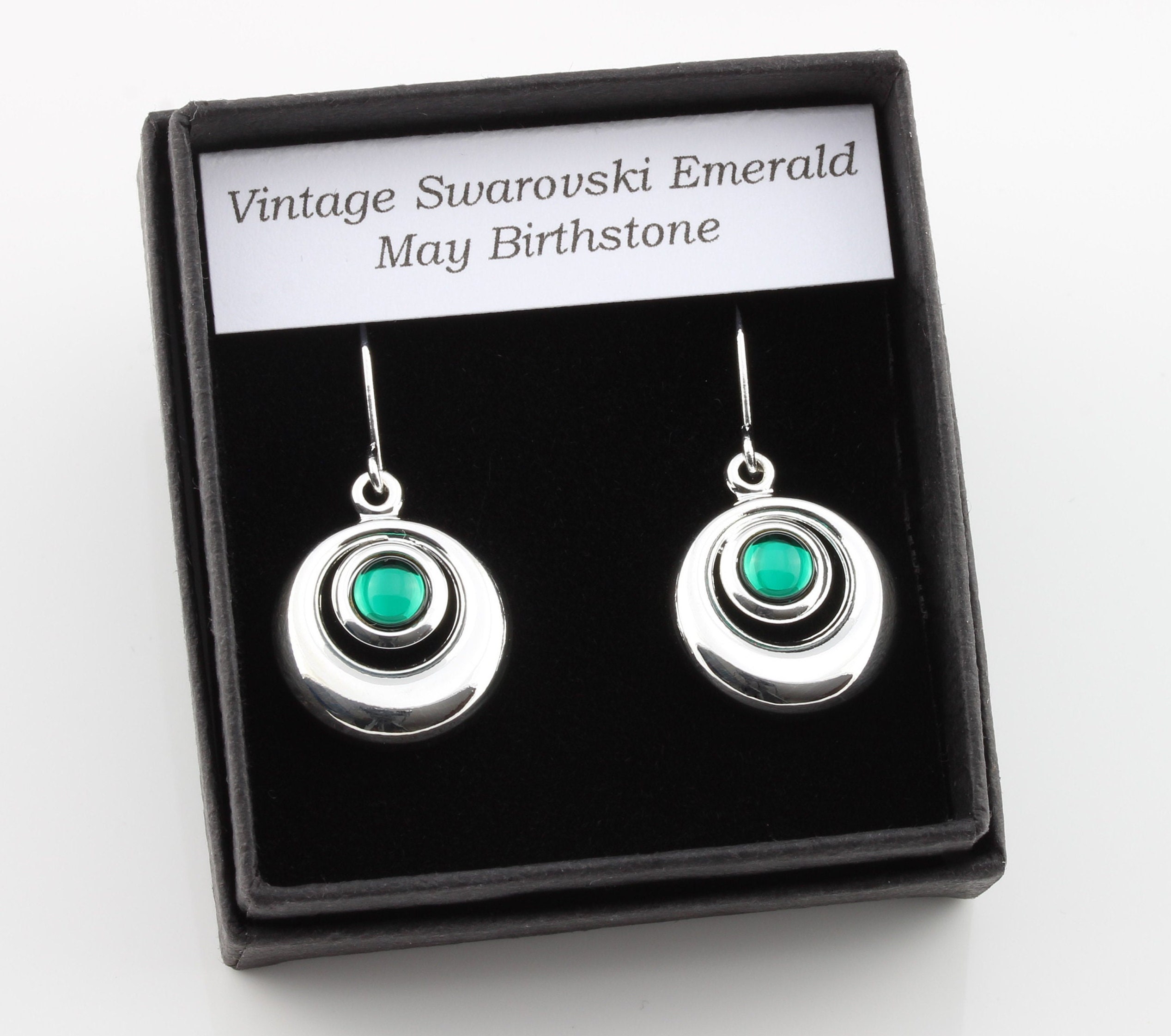 May Birthstone Vintage Swarovski Emerald Crystal Circular Cabochon Drop Earrings