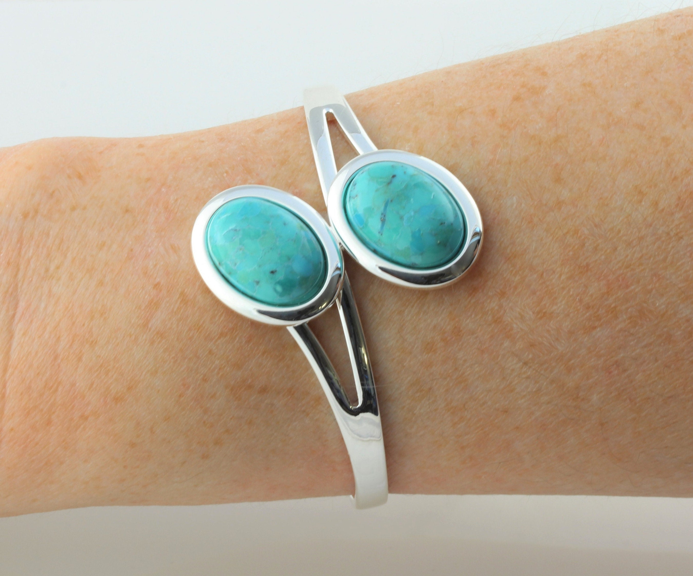 December Birthstone Natural Turquoise Adjustable/Expandable Double Cabochon Cuff Bangle