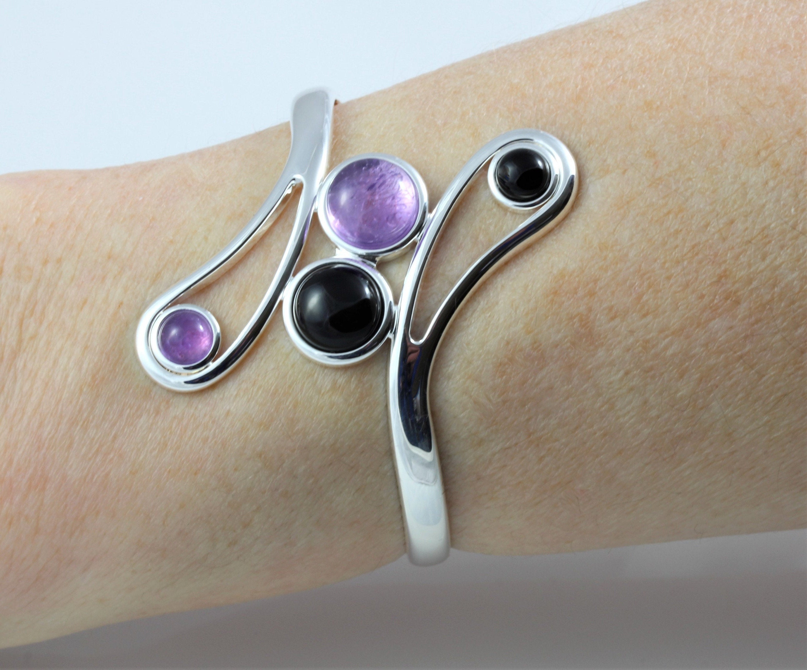 Natural Amethyst & Black Onyx Adjustable/Expandable Gemstone Cuff Bangle