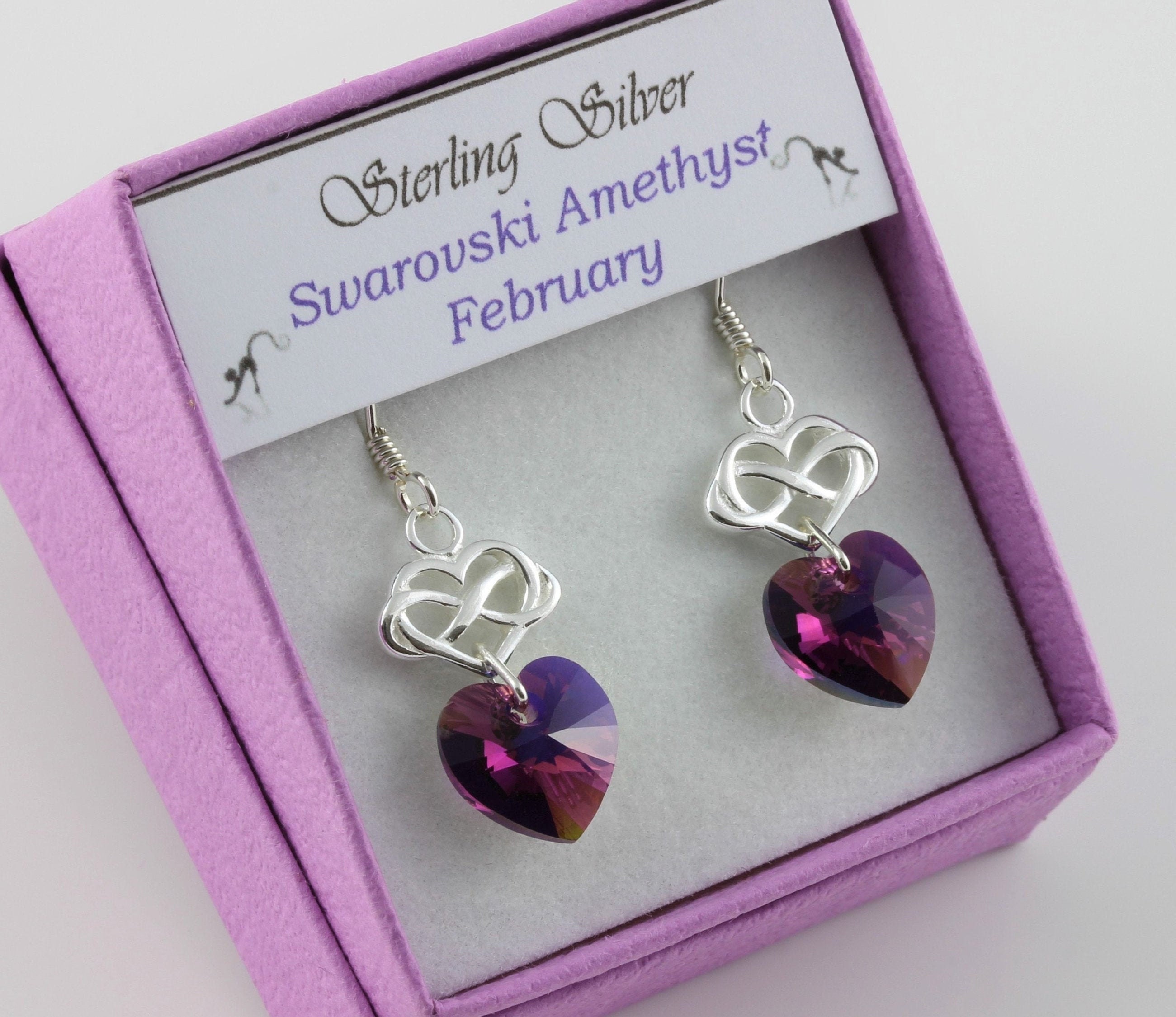 February Birthstone Sterling Silver & Swarovski Amethyst Ab Crystal Infinity Heart Drop Earrings