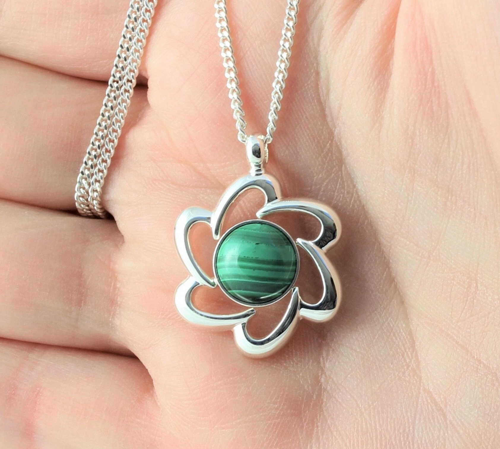 Natural Malachite Gemstone Flower Cabochon Pendant