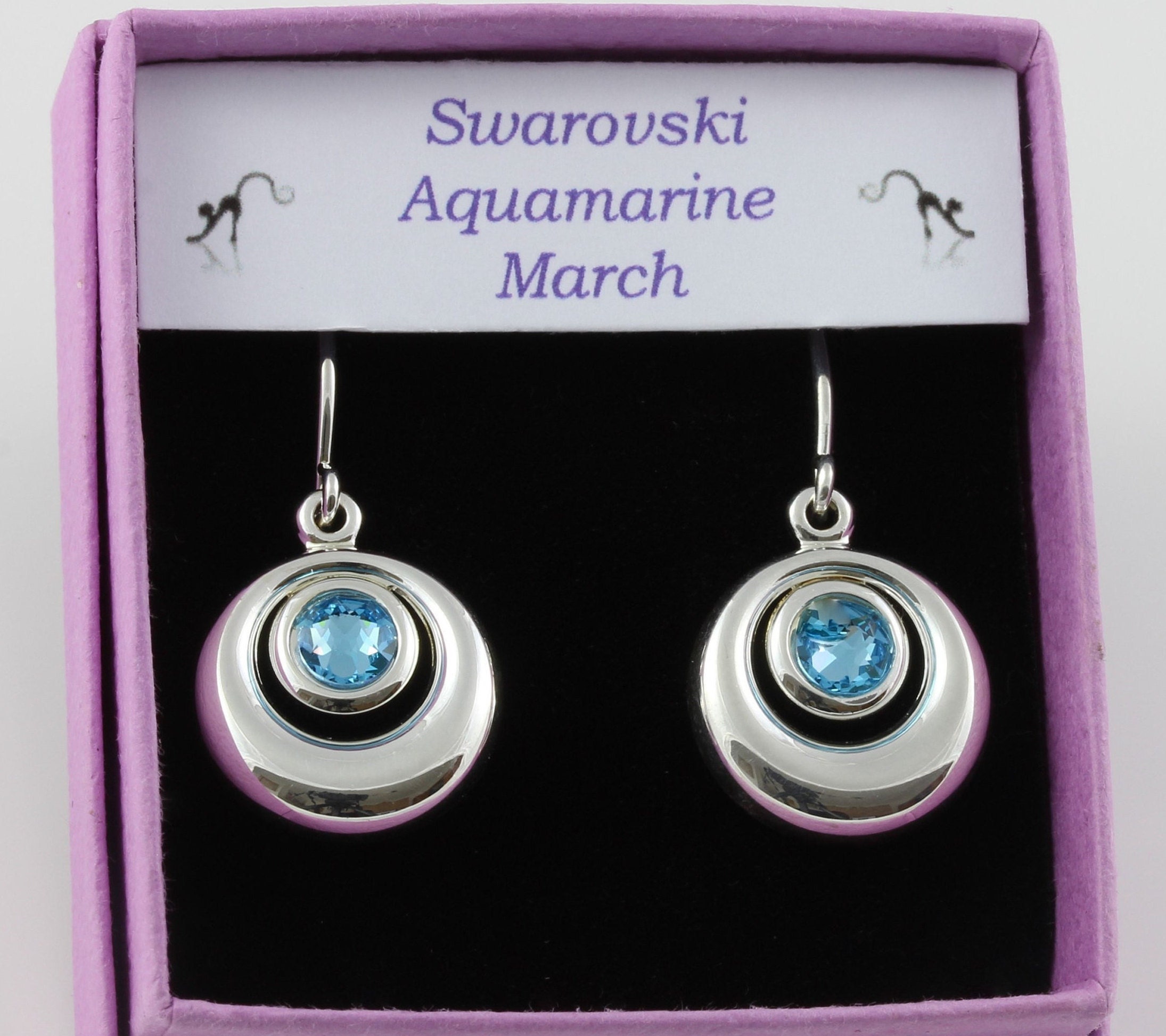 March Birthstone Swarovski Aquamarine Crystal Circular Cabochon Drop Earrings