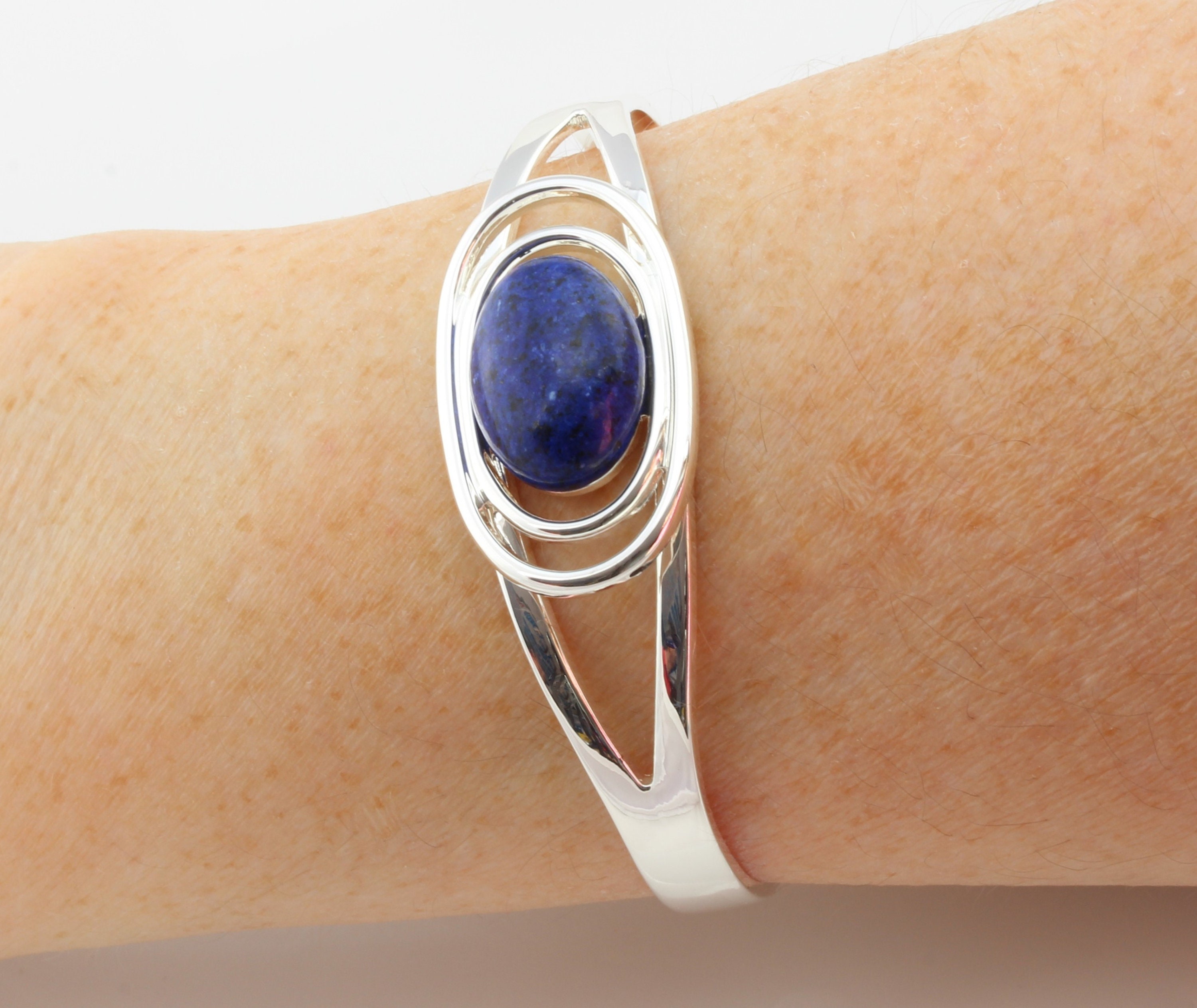 September Birthstone Natural Lapis Lazuli Gemstone Adjustable/Expandable Cabochon Cuff Bangle