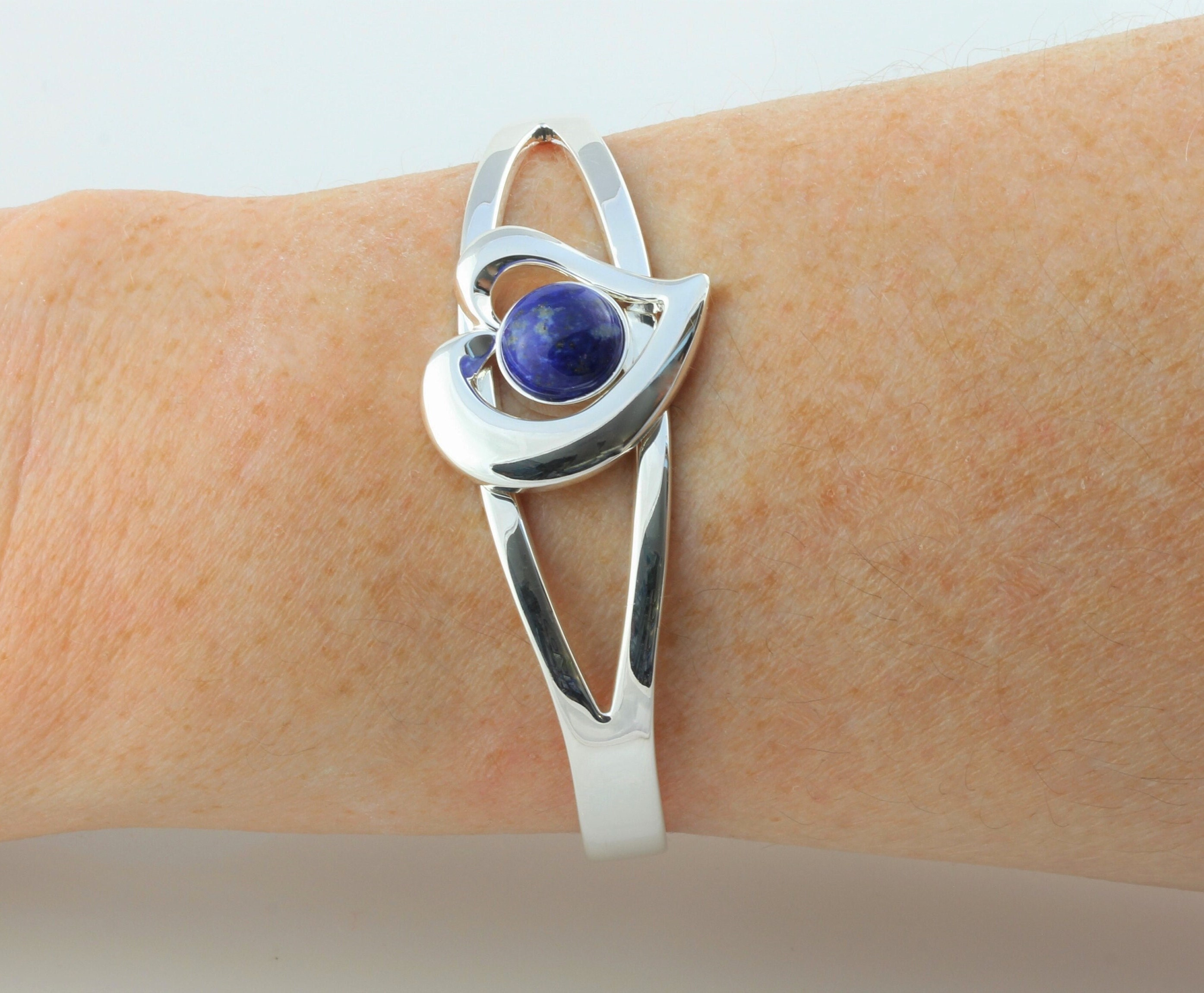 September Birthstone Natural Lapis Lazuli Gemstone Adjustable/Expandable Cabochon Heart Cuff Bangle