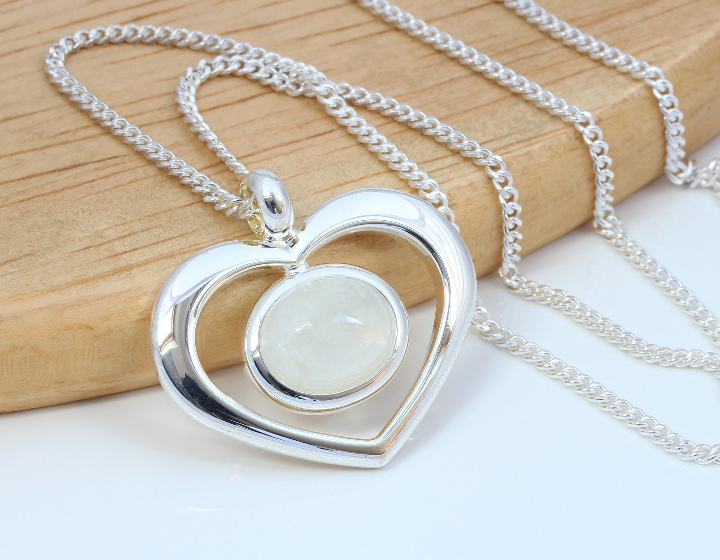 June Birthstone Rainbow Moonstone Gemstone Cabochon Heart Pendant