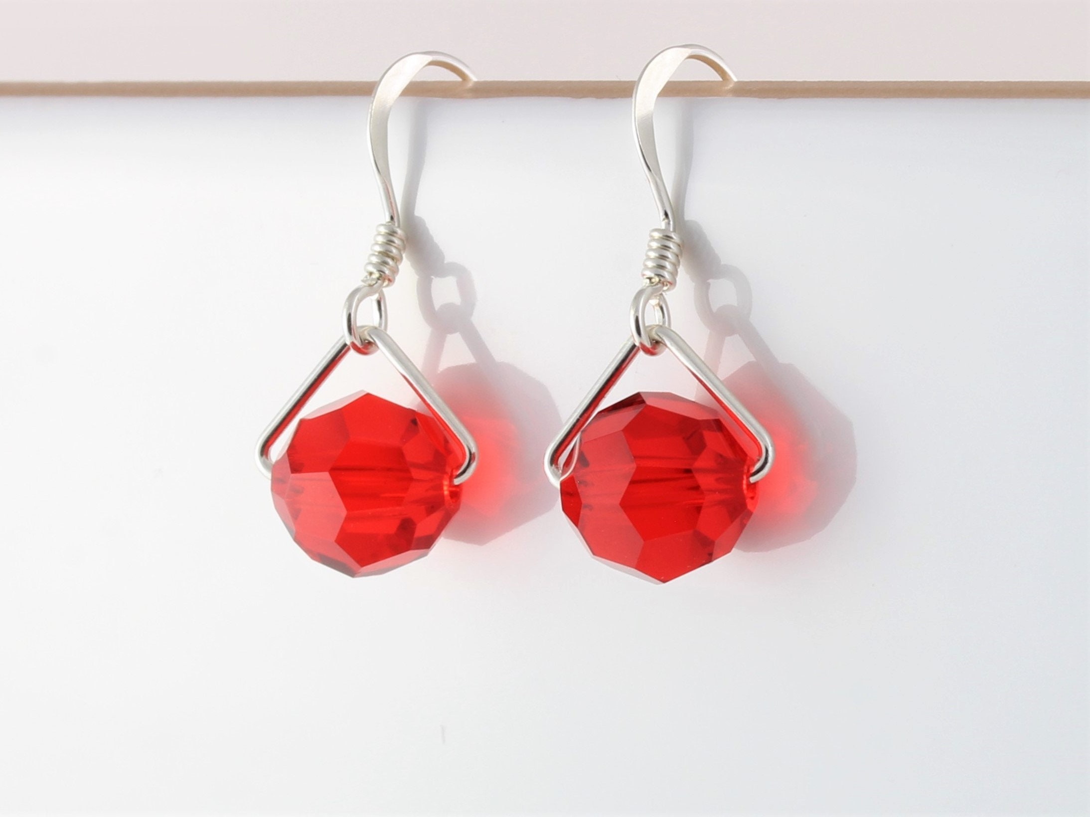sterling Silver & Swarovski Light Siam Faceted Round Drop Earrings