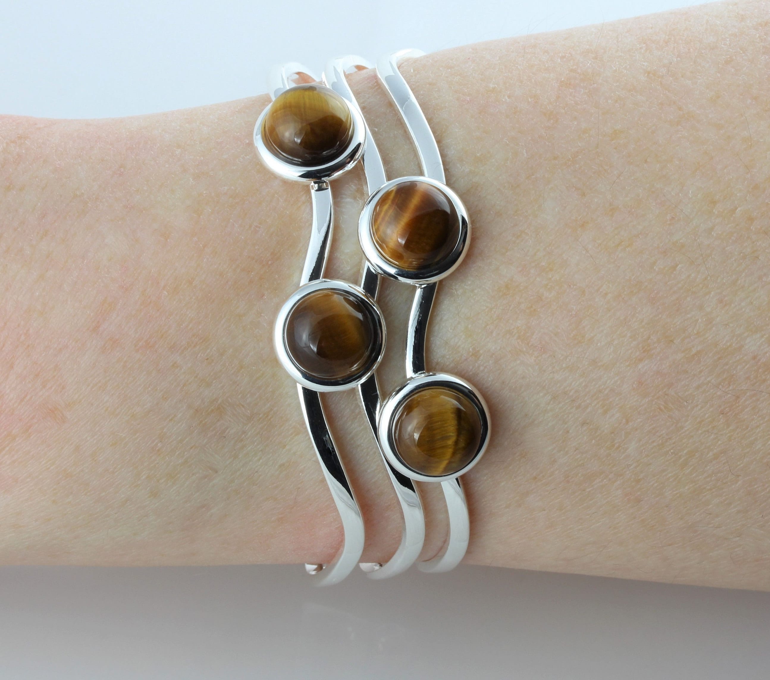 Natural Tigers Eye Gemstone Adjustable/Expandable Multi Cabochon Cuff Bangle